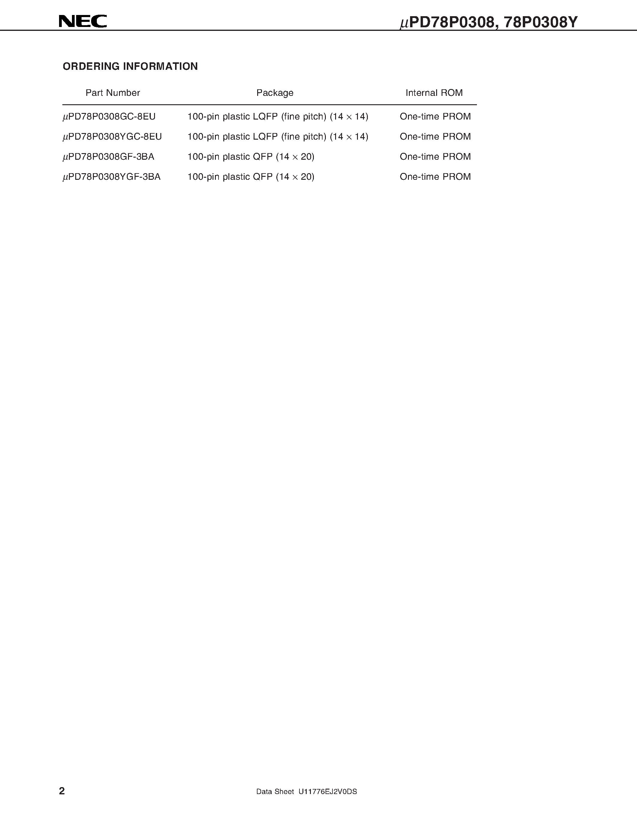 Даташит UPD78P0308 - 8-BIT SINGLE-CHIP MICROCONTROLLER страница 2