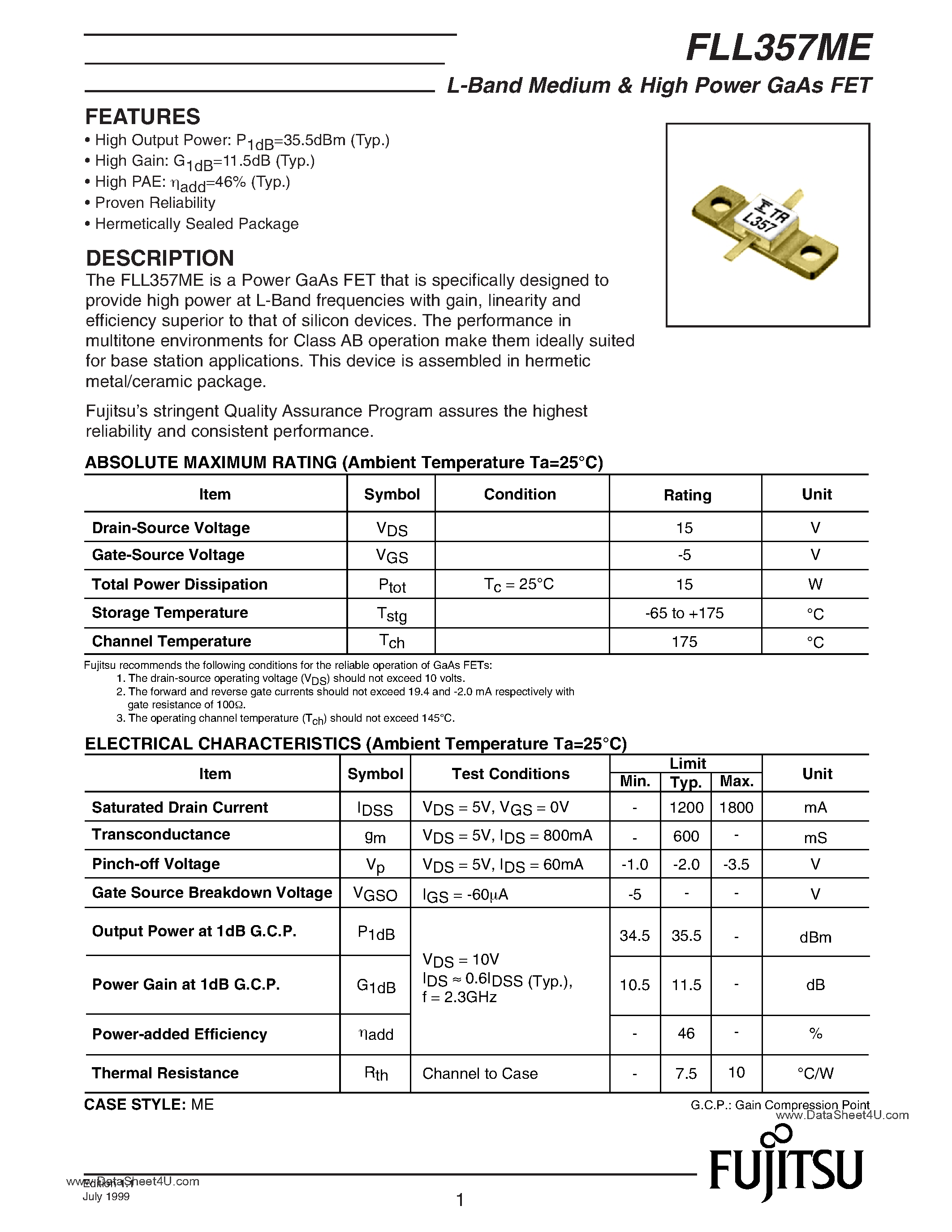 Даташит FLL357ME - L-band Medium & High Power GAAS Fets страница 1