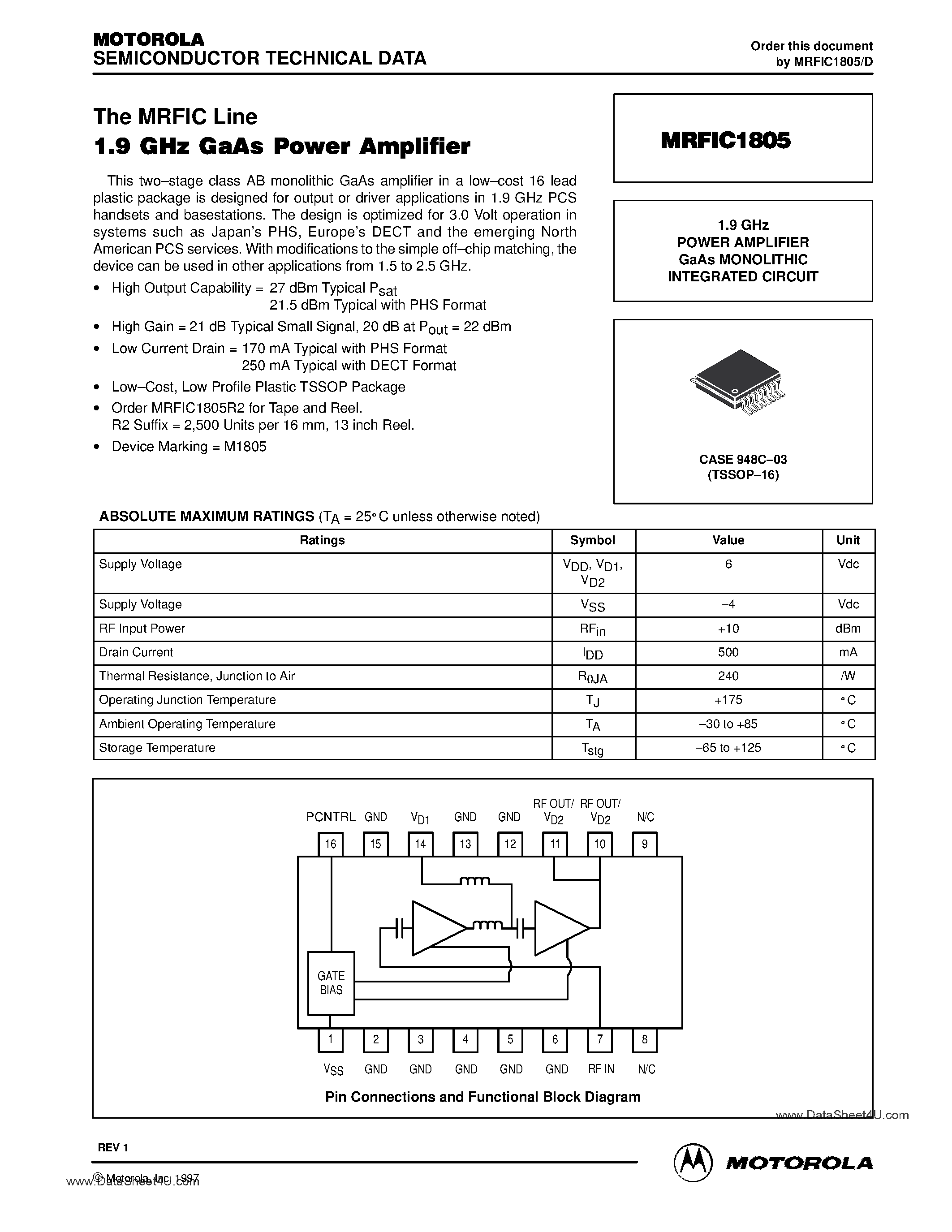 Даташит MRFIC1805 - 1.9 GHz POWER AMPLIFIER GaAs MONOLITHIC INTEGRATED CIRCUIT страница 1