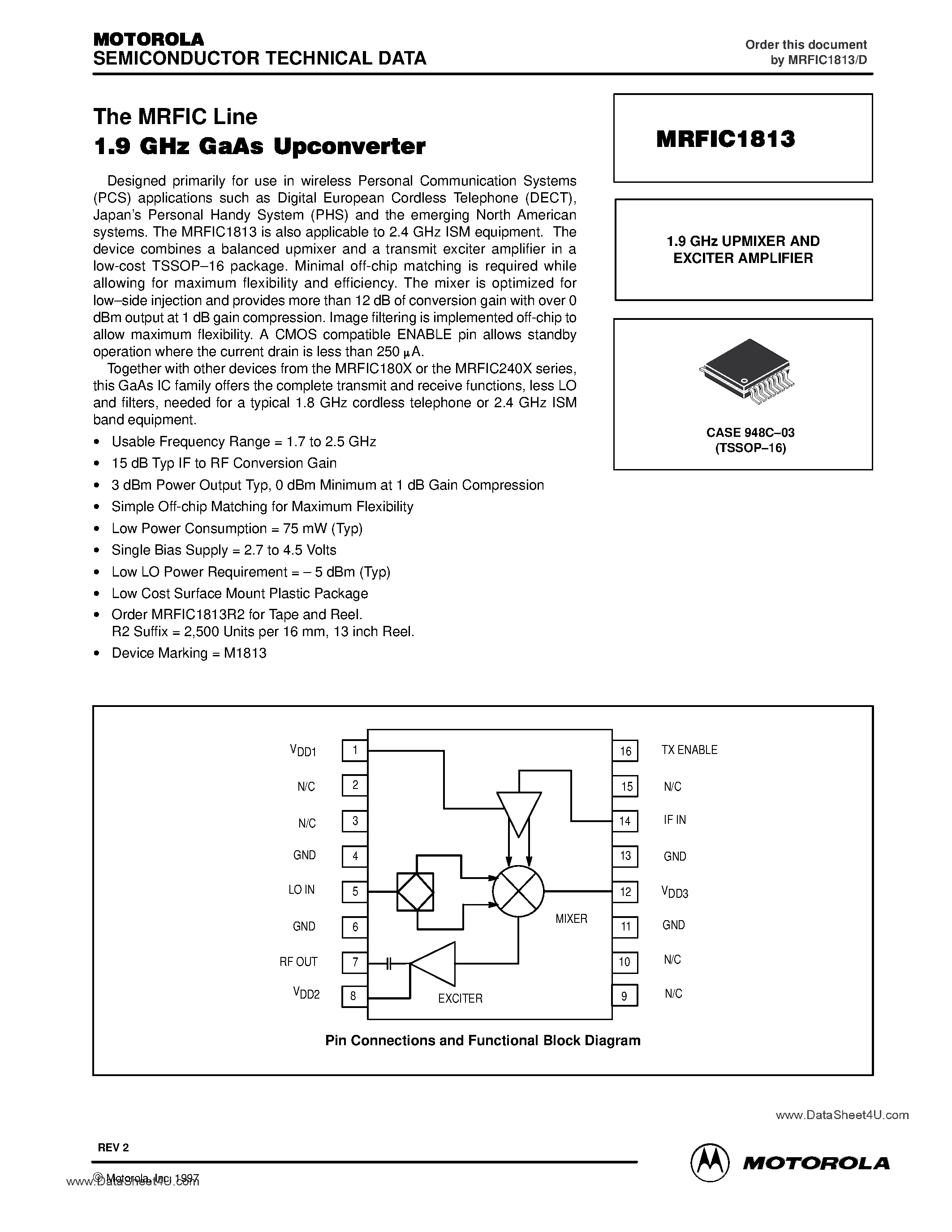 Даташит MRFIC1813 - 1.9 GHz UPMIXER AND EXCITER AMPLIFIER страница 1