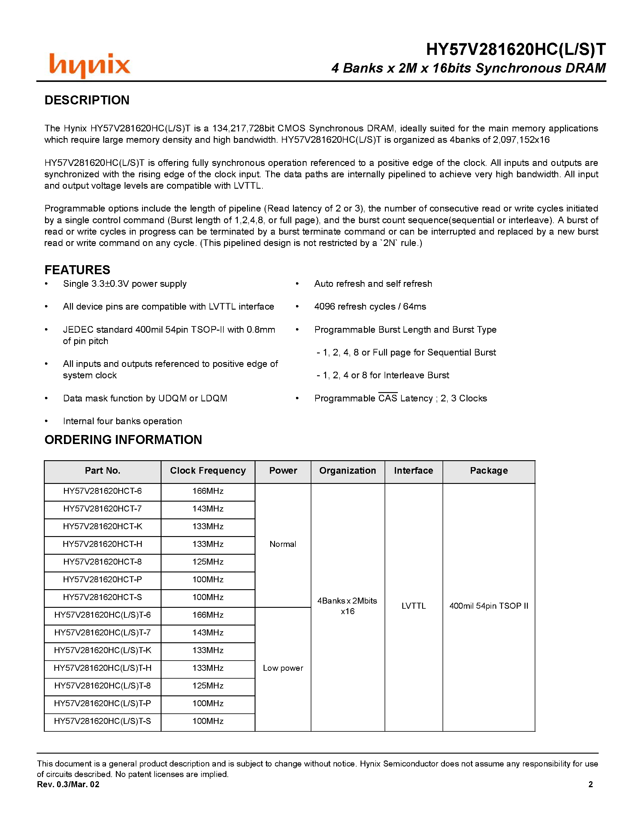 Datasheet HY57V281620HCT - (HY57V281620HC(L/S)T) 4 Banks x 2M x 16-Bits SDRAM page 2