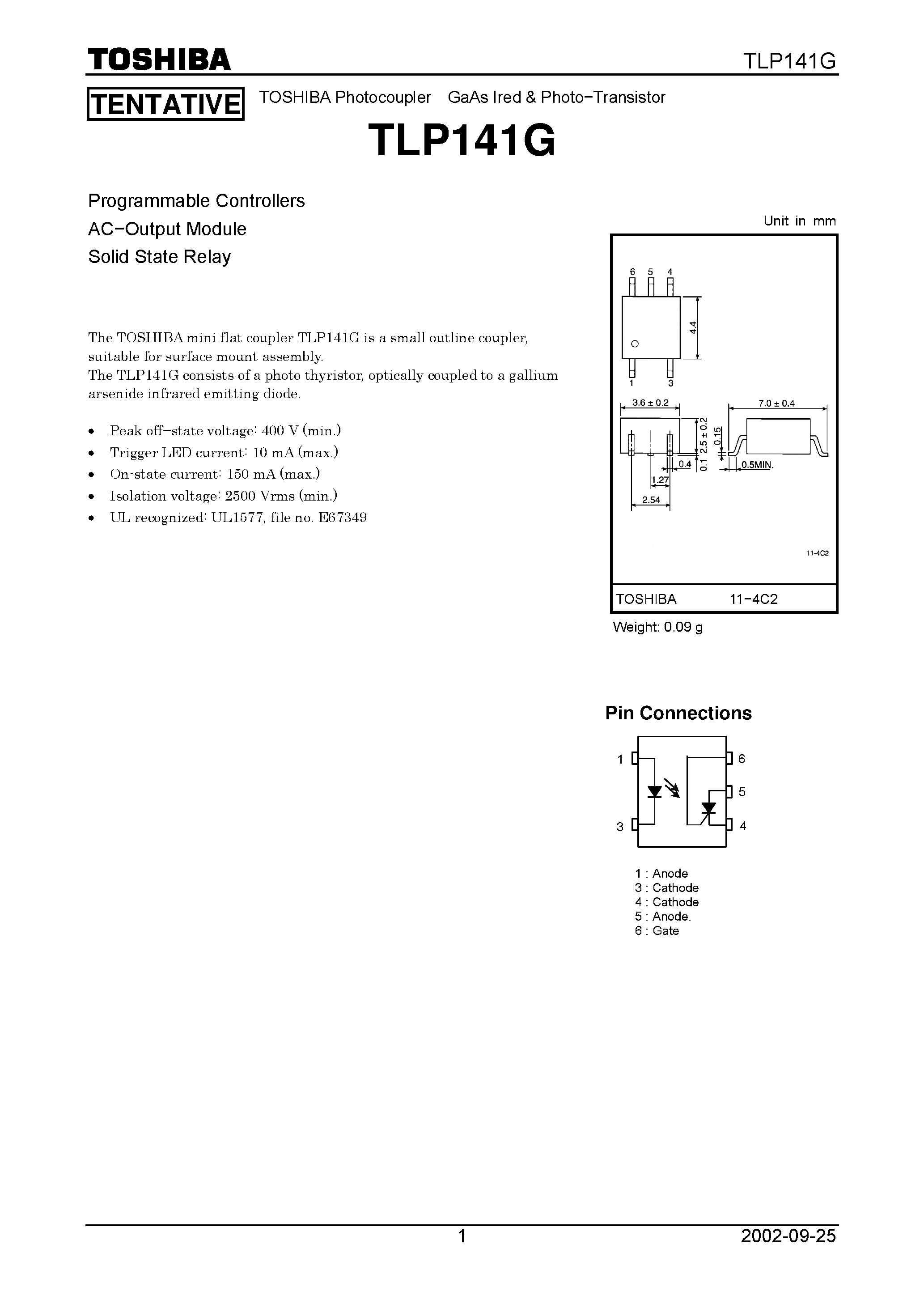 Datasheet TLP141G - Programmable Controllers AC-Output Module Soild State Relay page 1