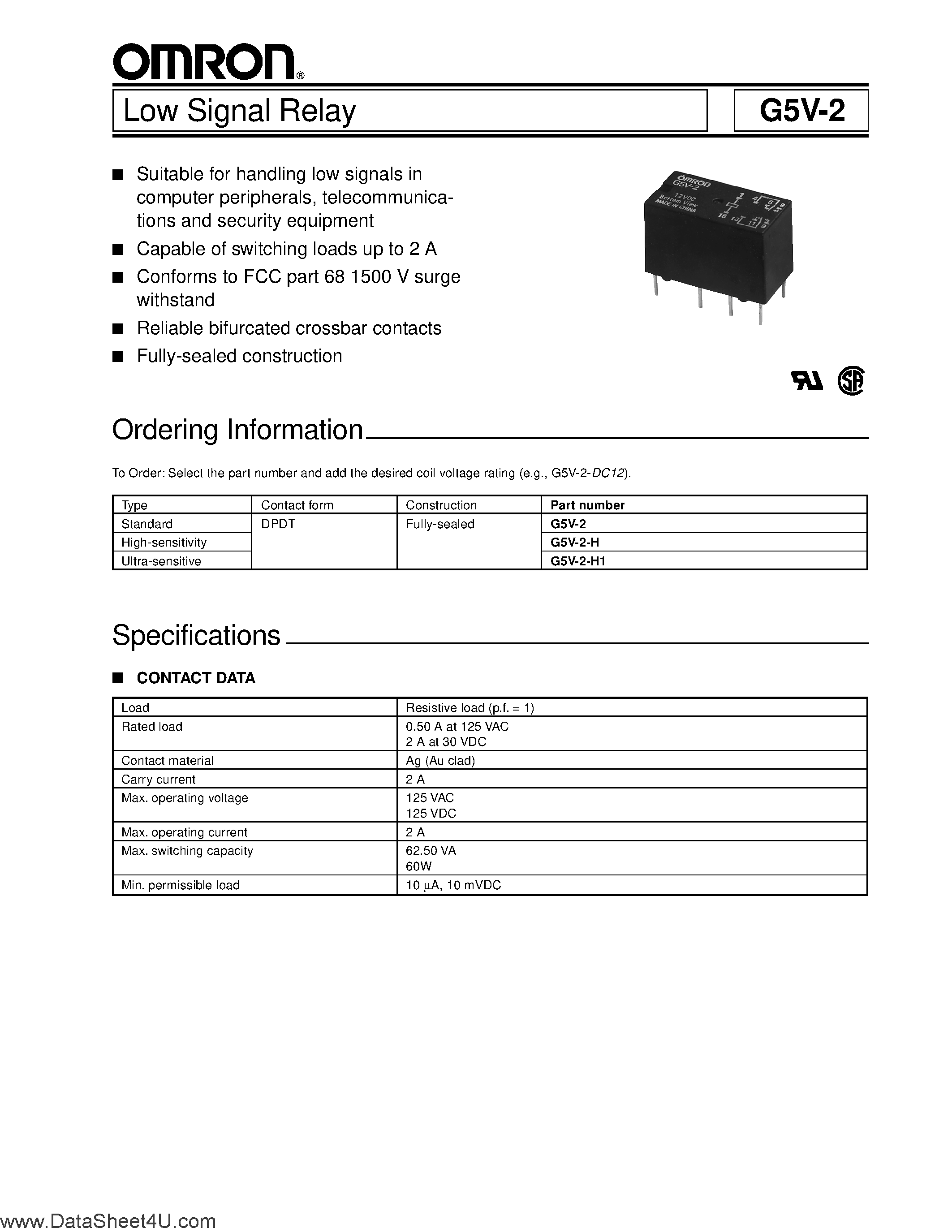 Даташит G5V-2 - (G5V-2) Relay PCB Dpco страница 1