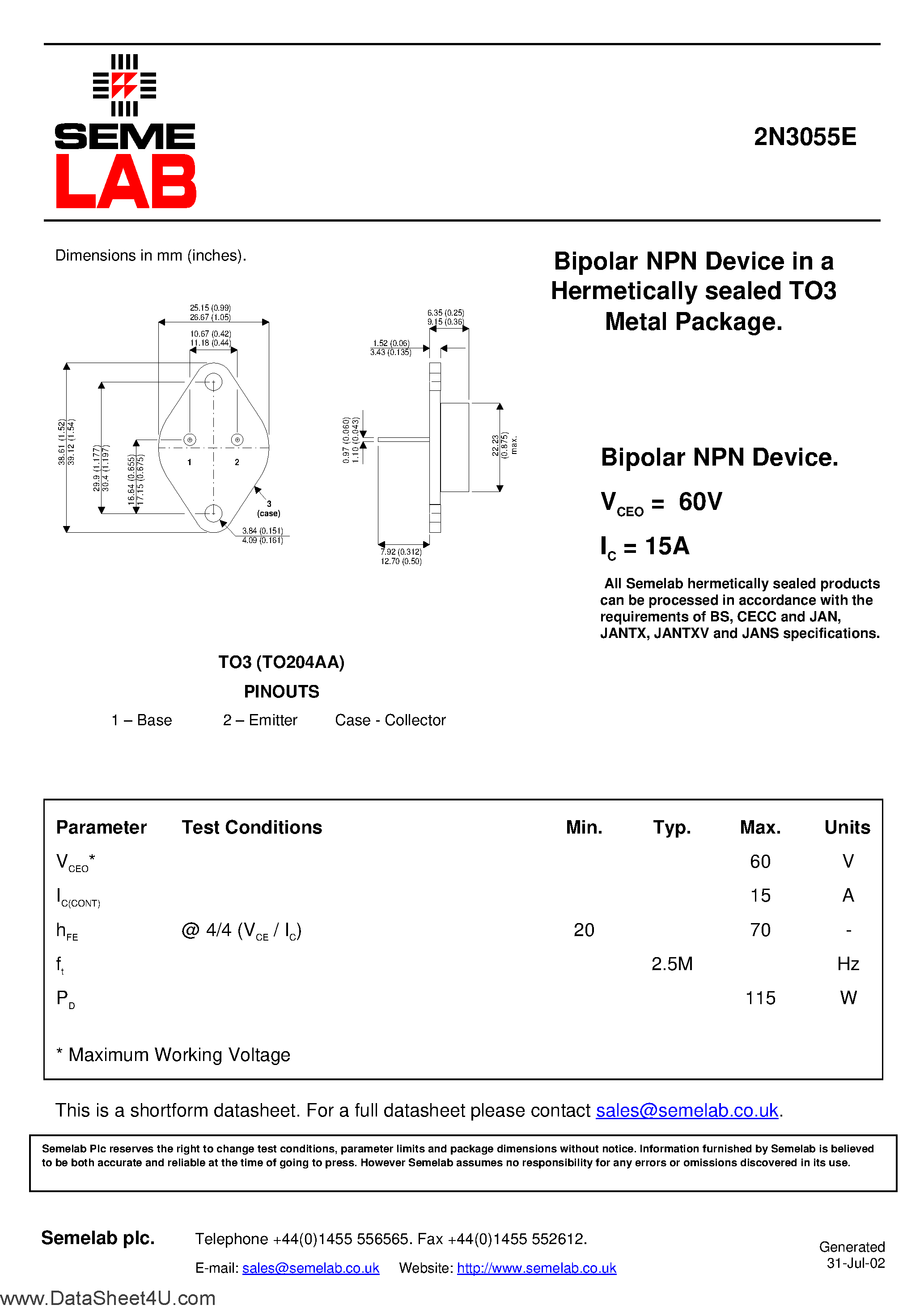 Даташит 2N3055E - Bipolar NPN Device страница 1