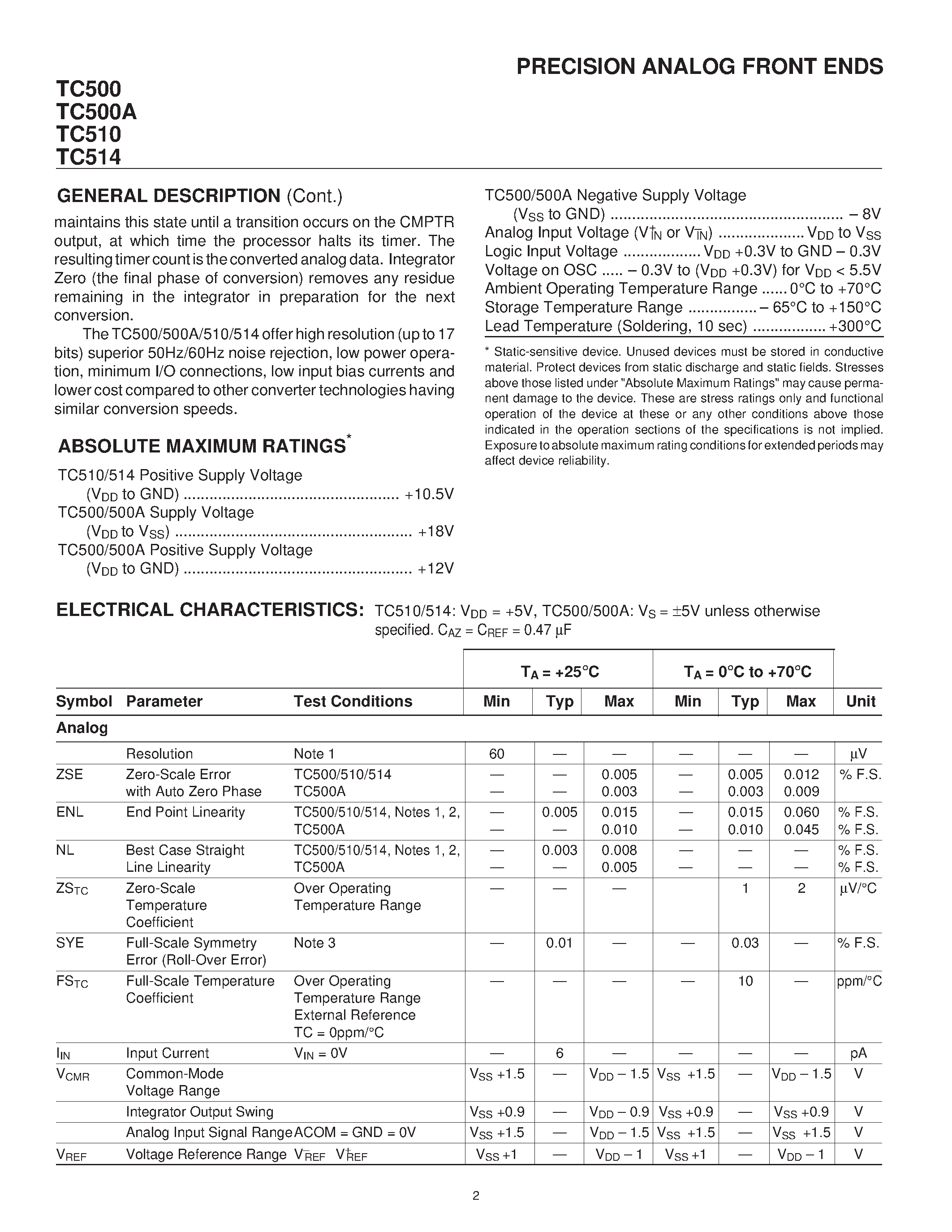 Datasheet TC500 - (TC5xx) PRECISION ANALOG FRONT ENDS page 2