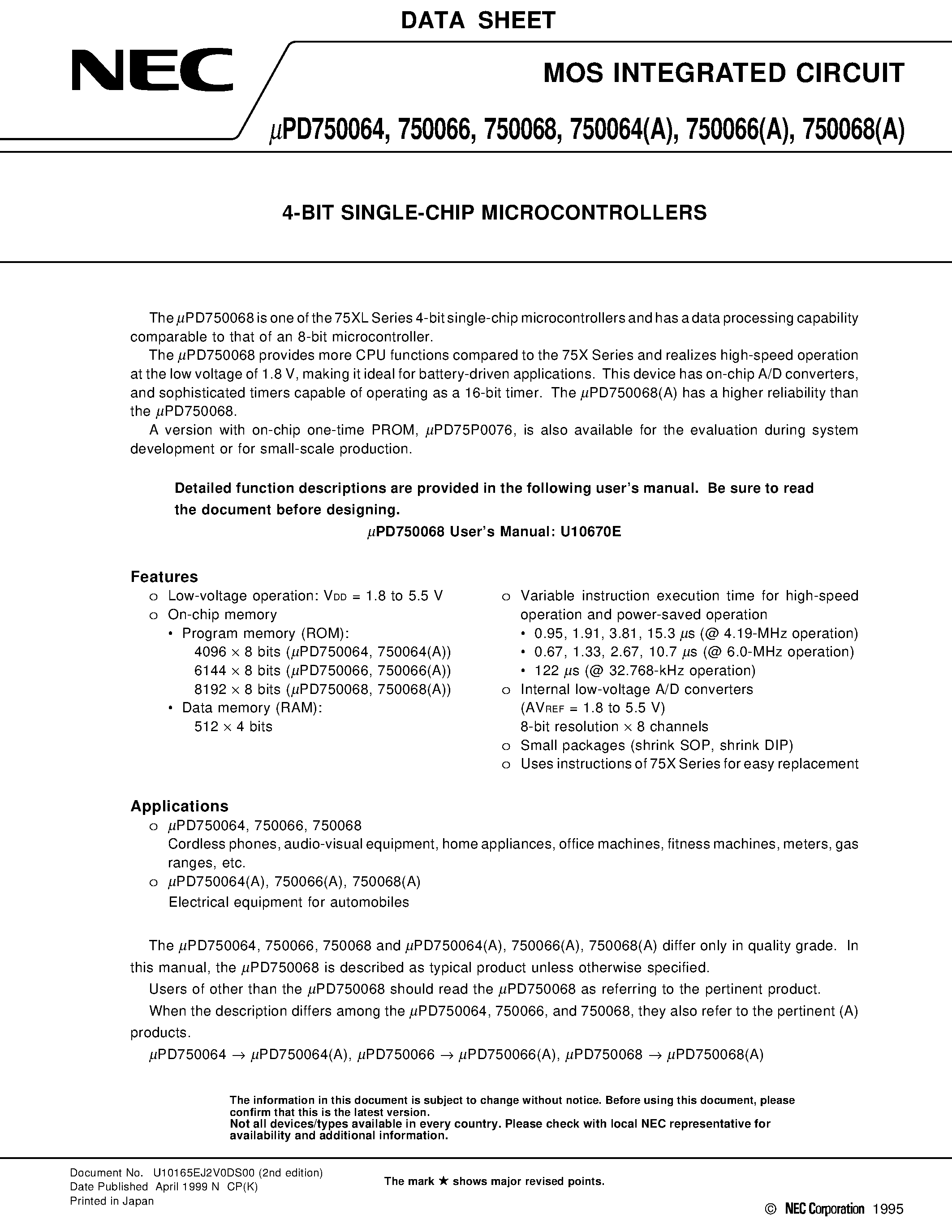 Datasheet UPD750064 - (UPD75006x) 4-BIT SINGLE-CHIP MICROCONTROLLERS page 1