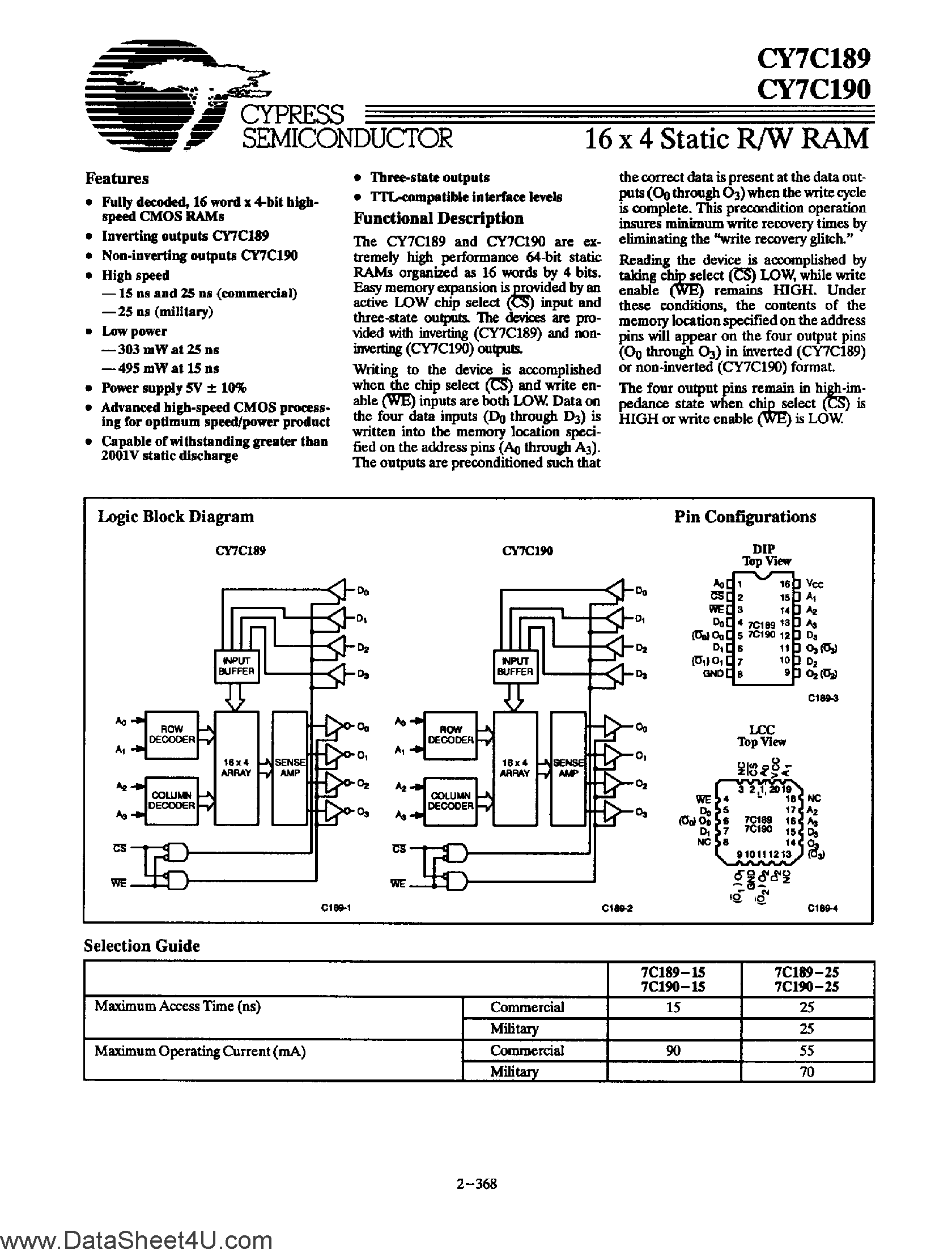 Даташит CY7C189 - (CY7C190 / CY7C189) 16 x 4 Static R/W RAM страница 1