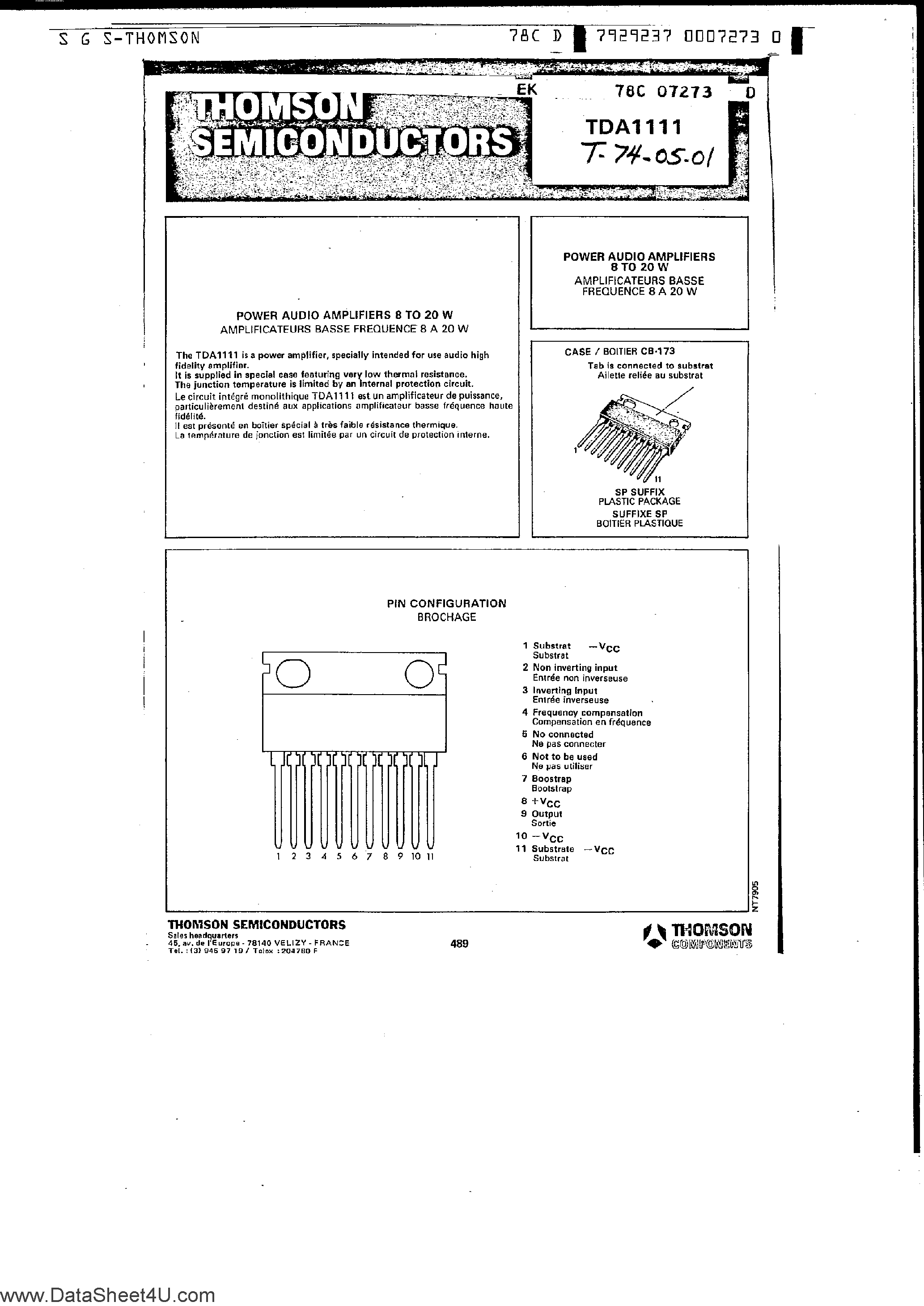 Datasheet TDA1111 - Power Audio Amplifiers page 1