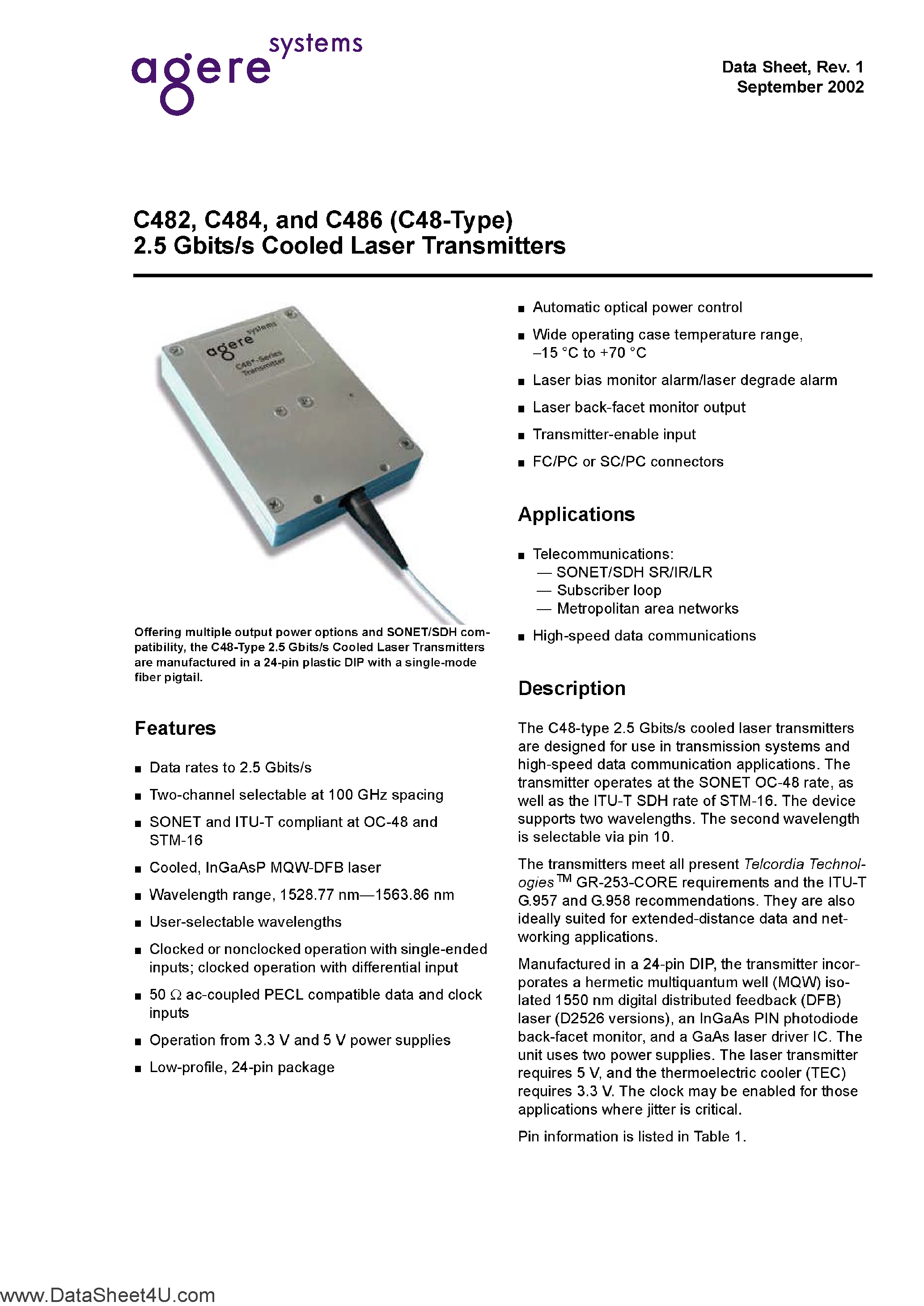 Datasheet C482 - (C48x) 2.5 G-Bits Cooled Laser Transmitters page 1