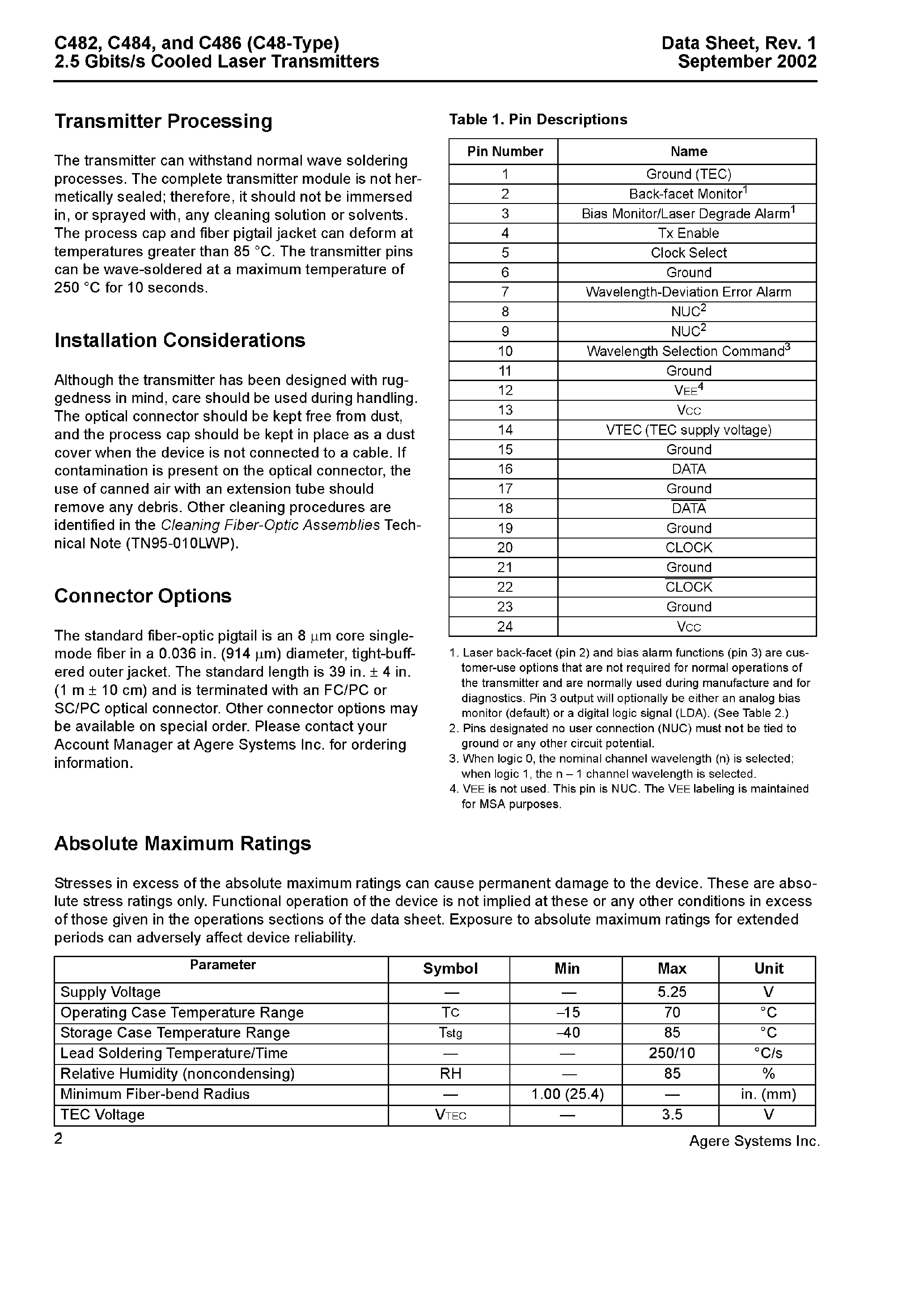 Datasheet C482 - (C48x) 2.5 G-Bits Cooled Laser Transmitters page 2