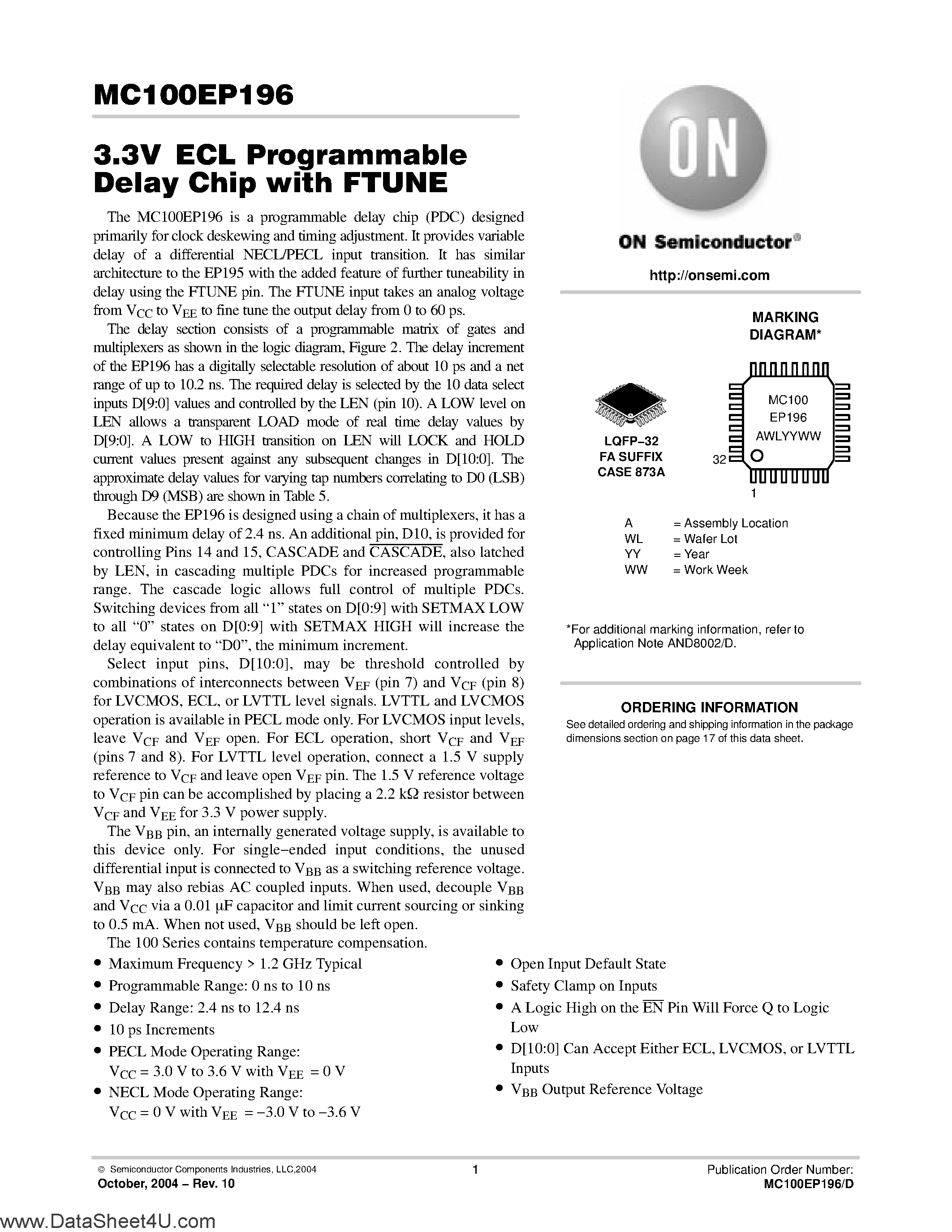 Datasheet MC100EP196 - 3.3V ECL Programmable Delay Chip with FTUNE page 1