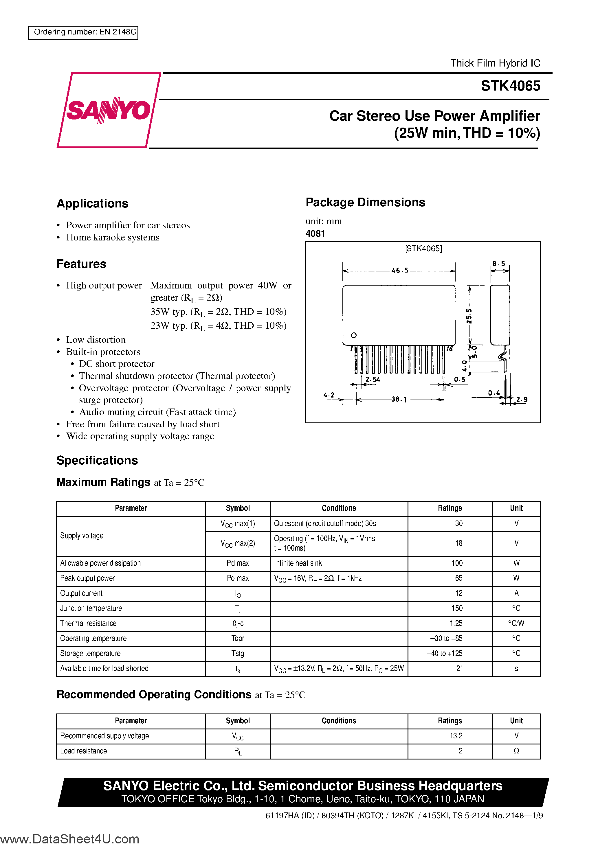 Datasheet STK4065 - Car Stereo Use Power Amplifier page 1