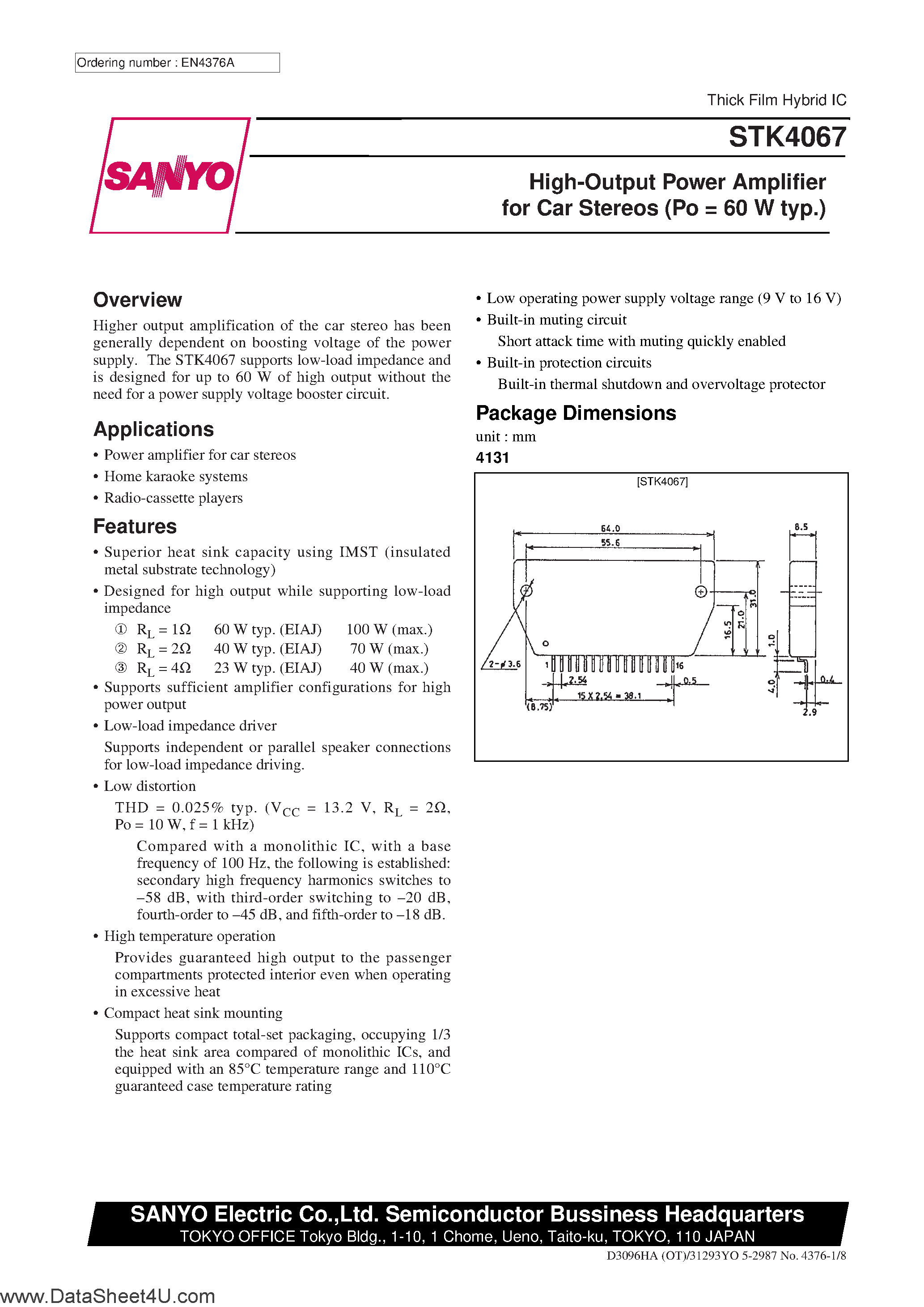 Datasheet STK4067 - High-Output Power Amplifier for Car Stereos page 1