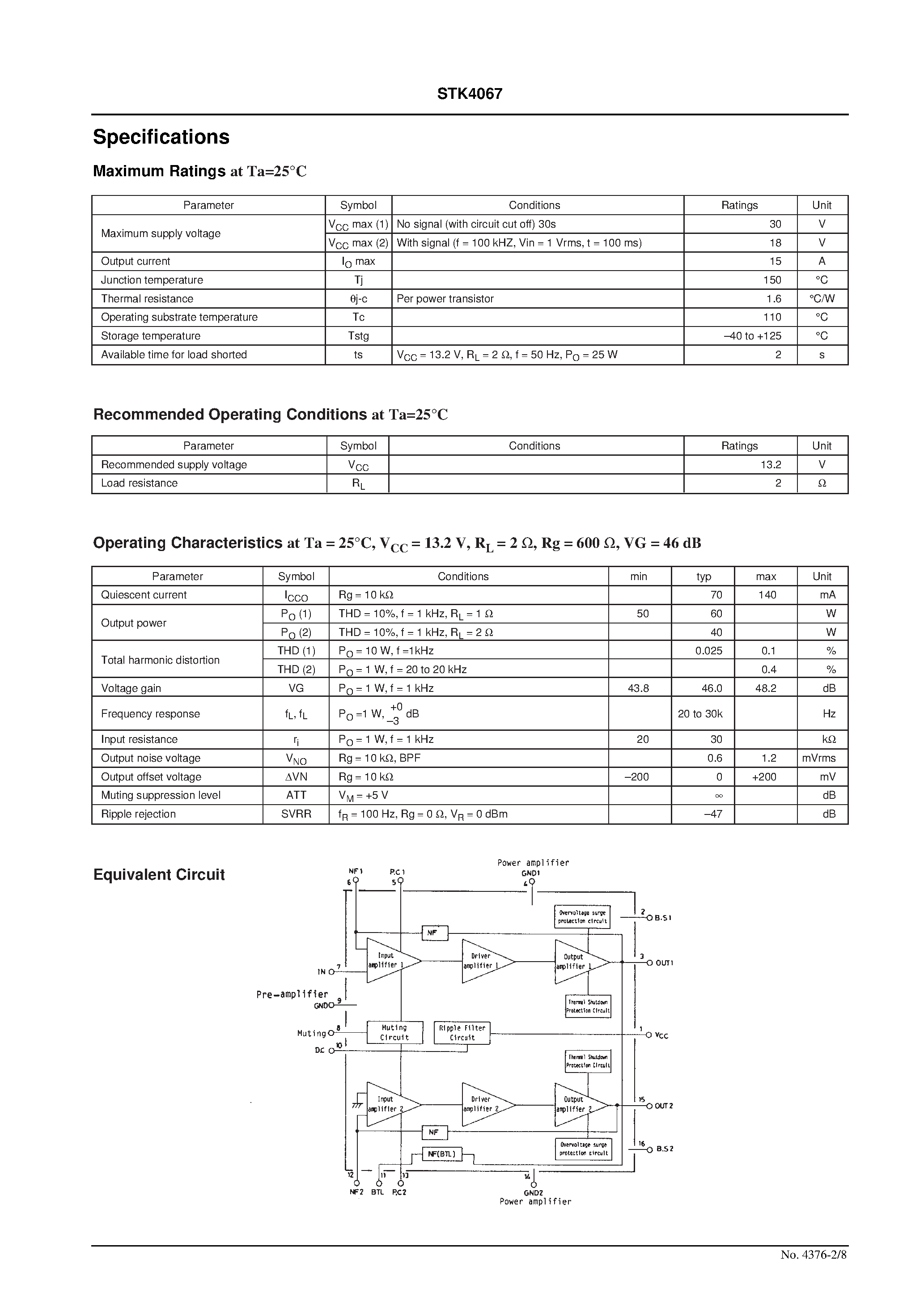 Datasheet STK4067 - High-Output Power Amplifier for Car Stereos page 2