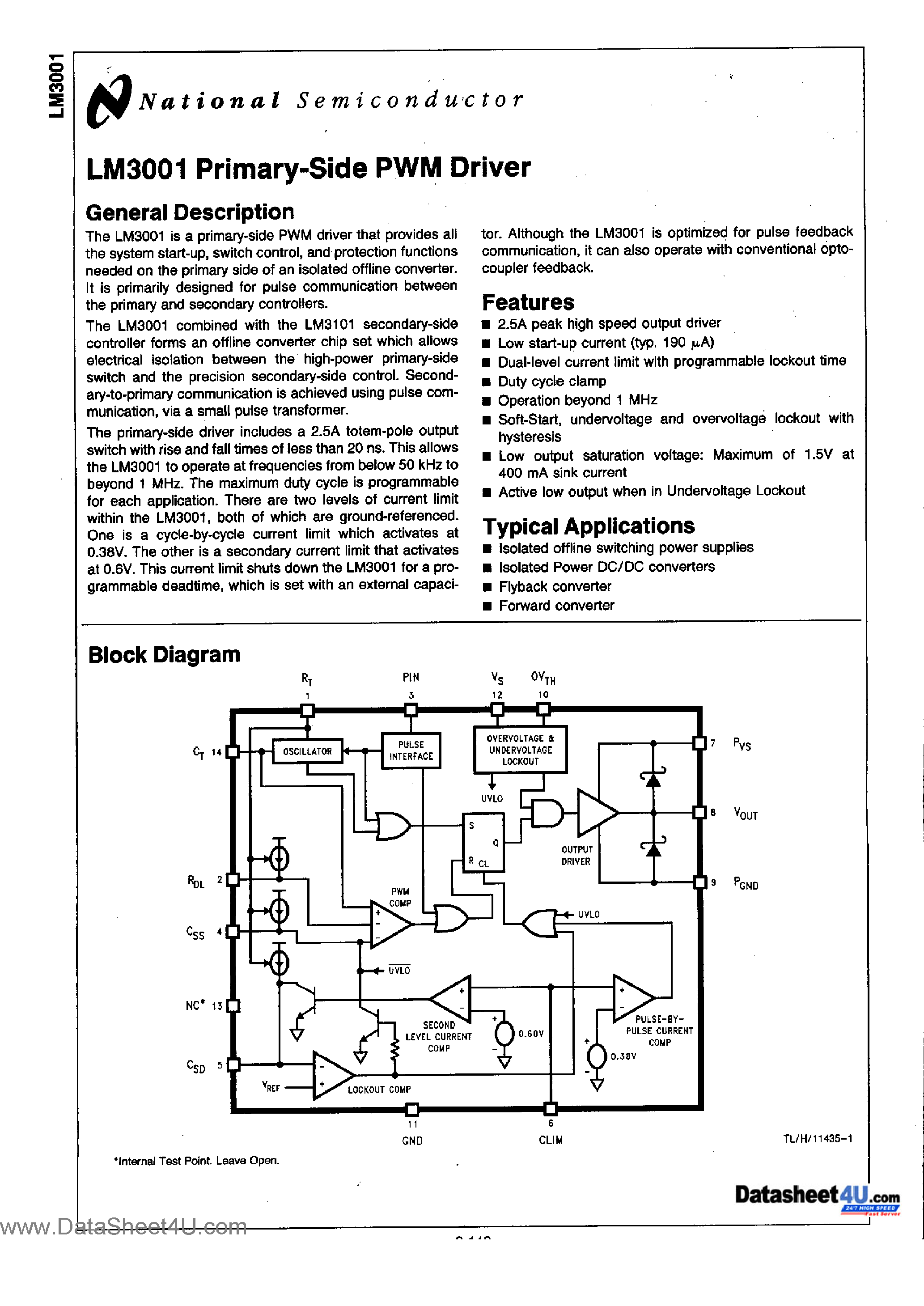 Datasheet LM3001 - Primary Side PWM Driver page 1