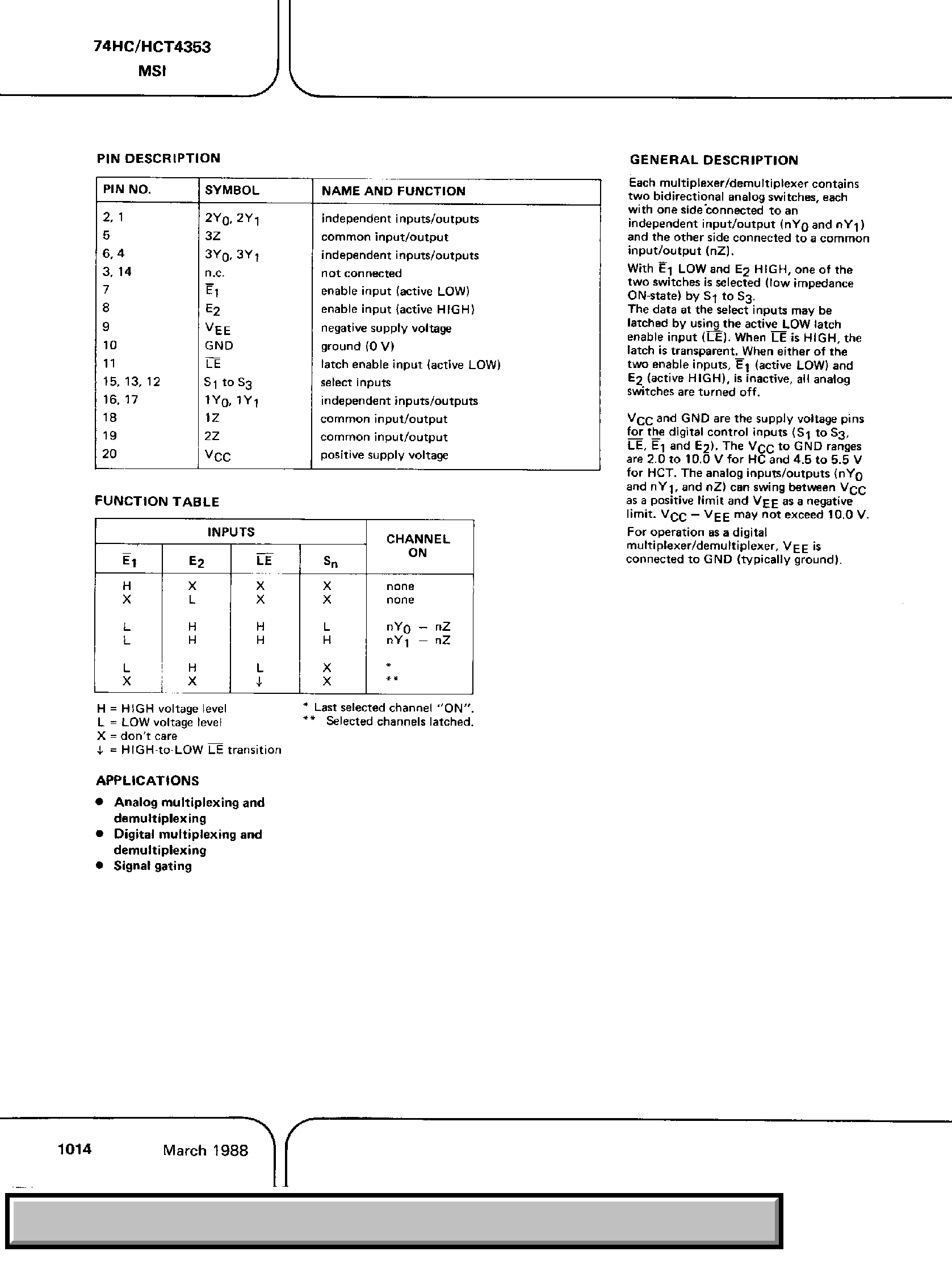 Datasheet 74HCT4353 - Triple 2-Channel Analog Multiplexer / Demultiplexer page 2