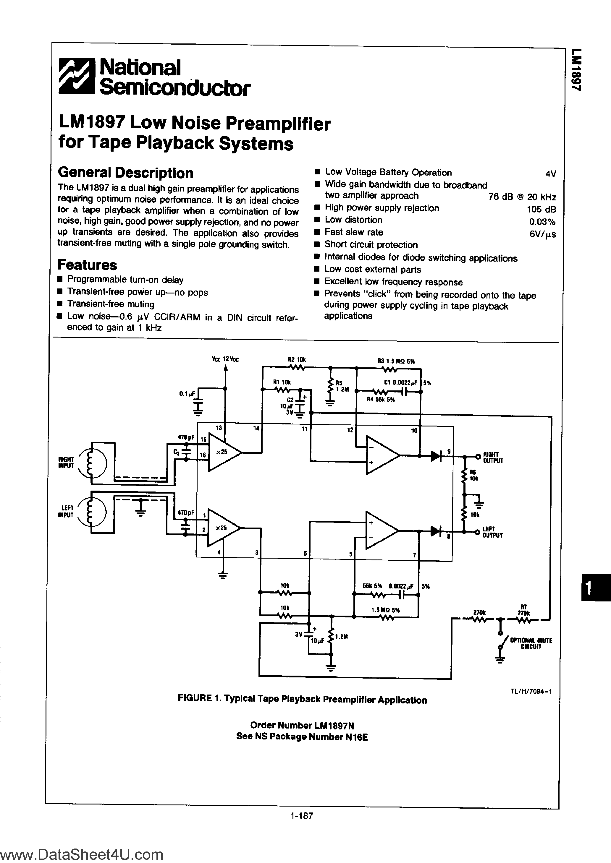 Даташит LM1897 - Low Noise Preamplifier страница 1