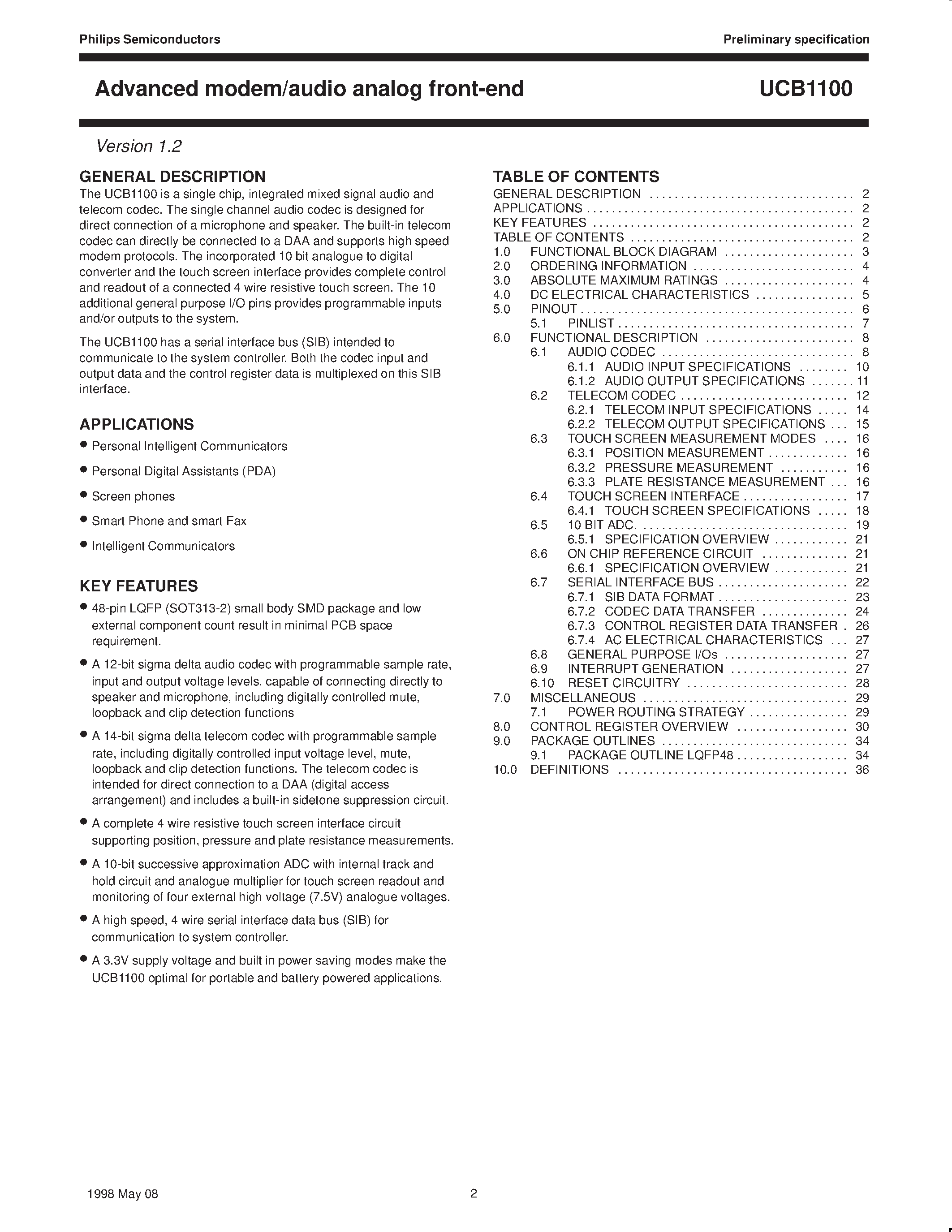 Даташит UCB1100 - Advanced modem/audio analog front-end страница 2