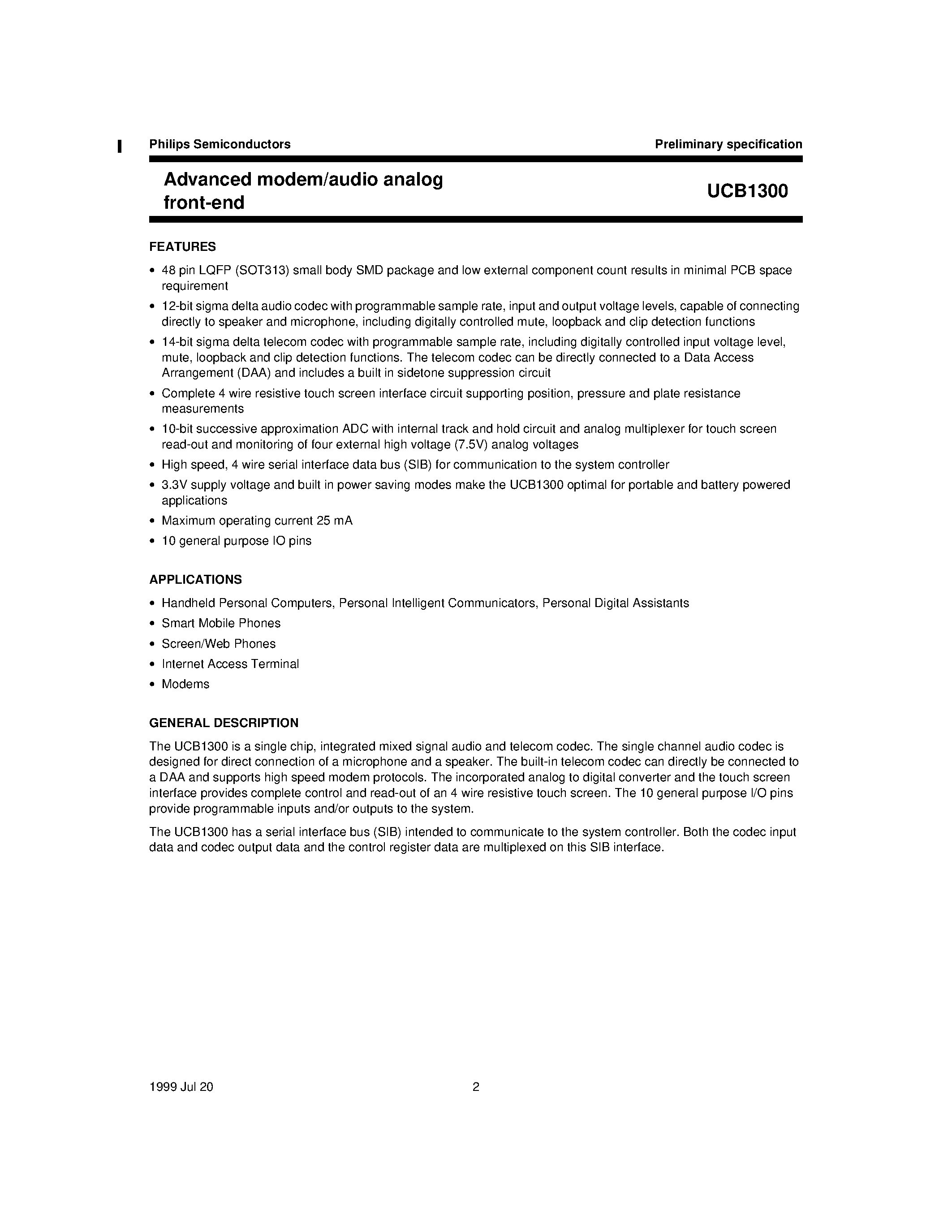 Даташит UCB1300 - Advanced modem/audio analog front-end страница 2