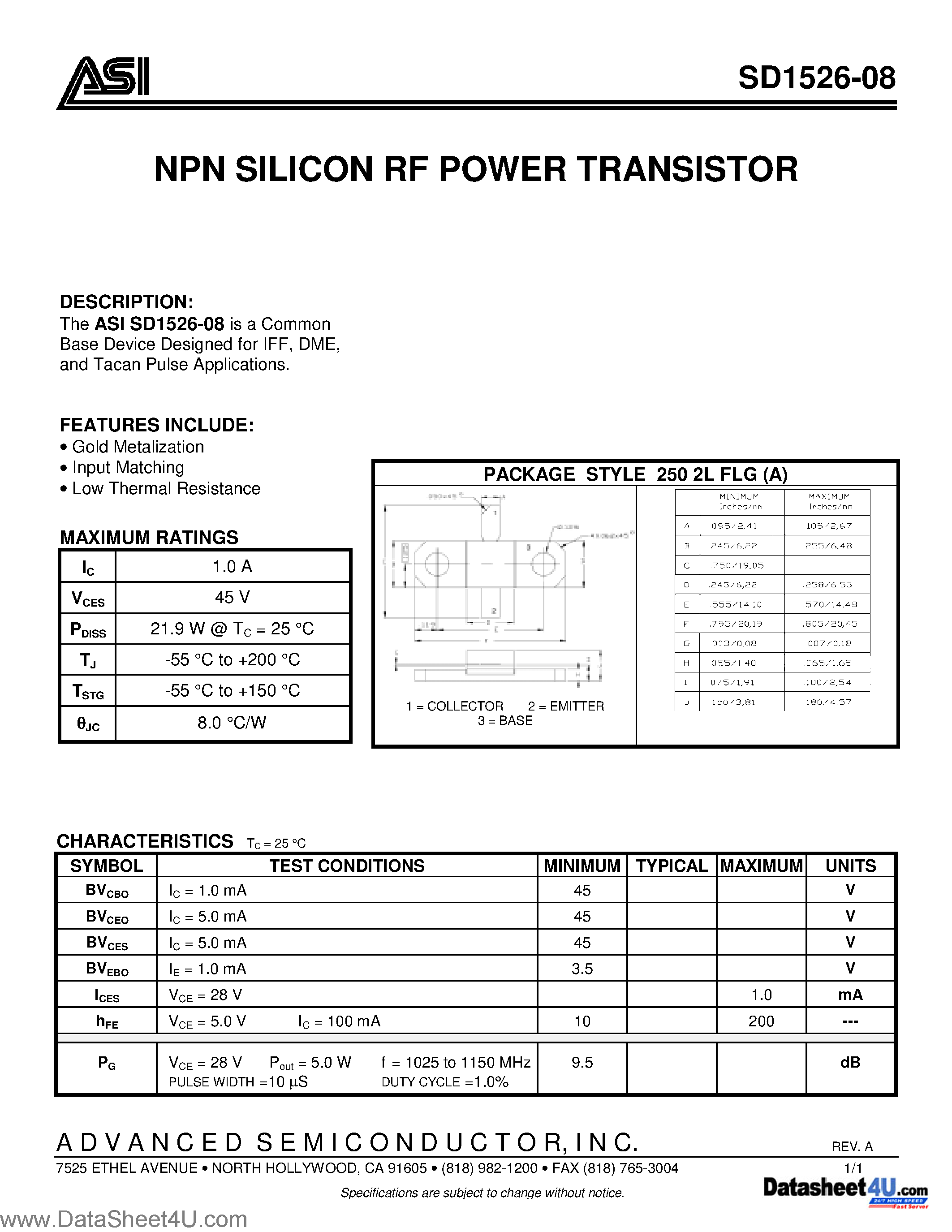 Datasheet SD1526-08 - NPN SILICON RF POWER TRANSISTOR page 1