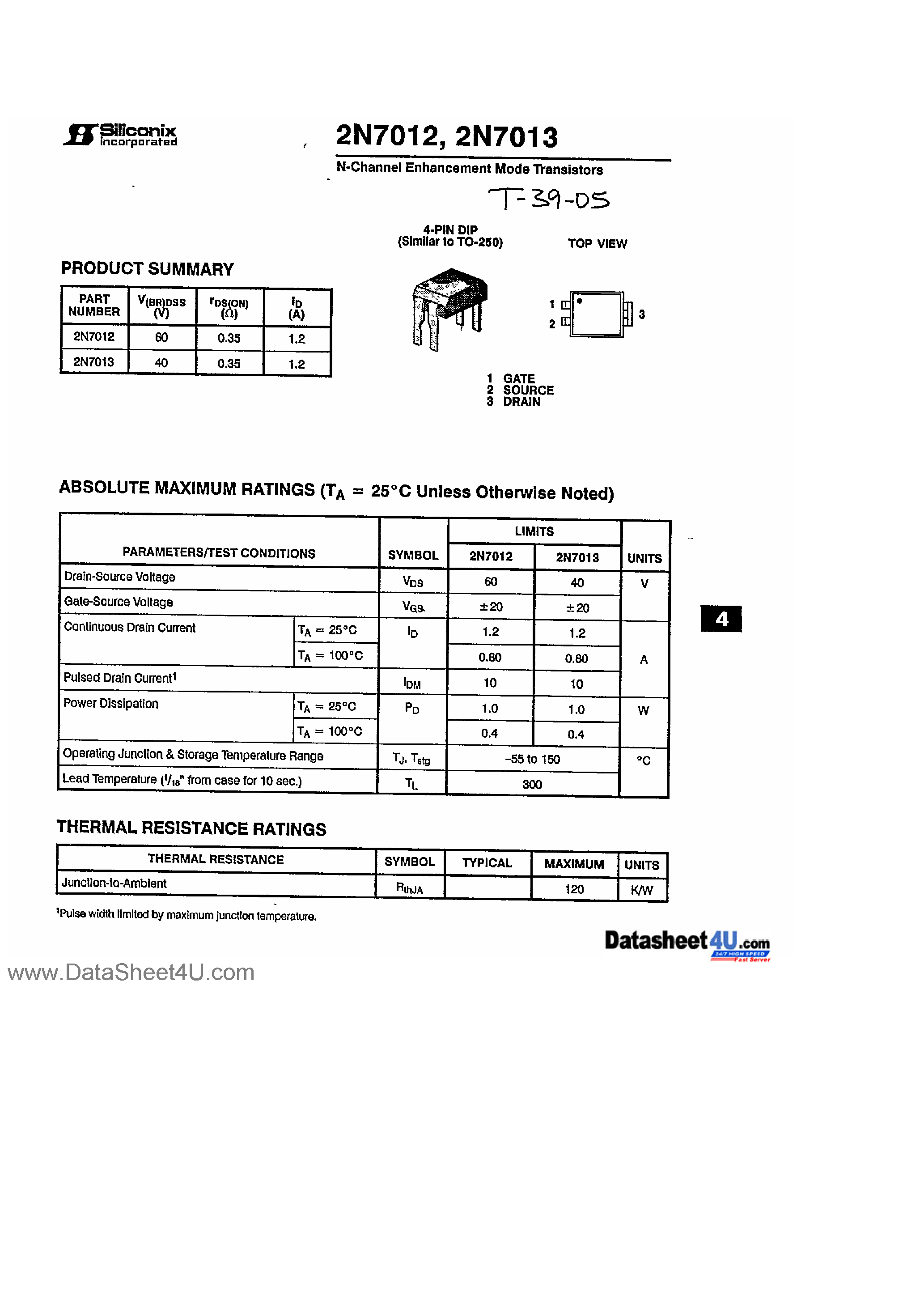 Даташит 2N7012 - (2N7012 / 2N7013) N - CHANNEL ENHANCEMENT MODE TRANSISTORS страница 1