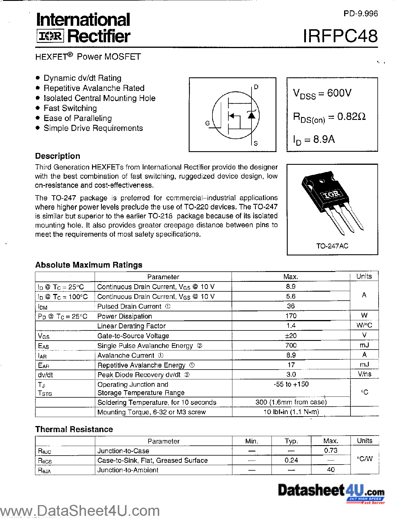 Datasheet IRFPC48 - Power MOSFET page 1