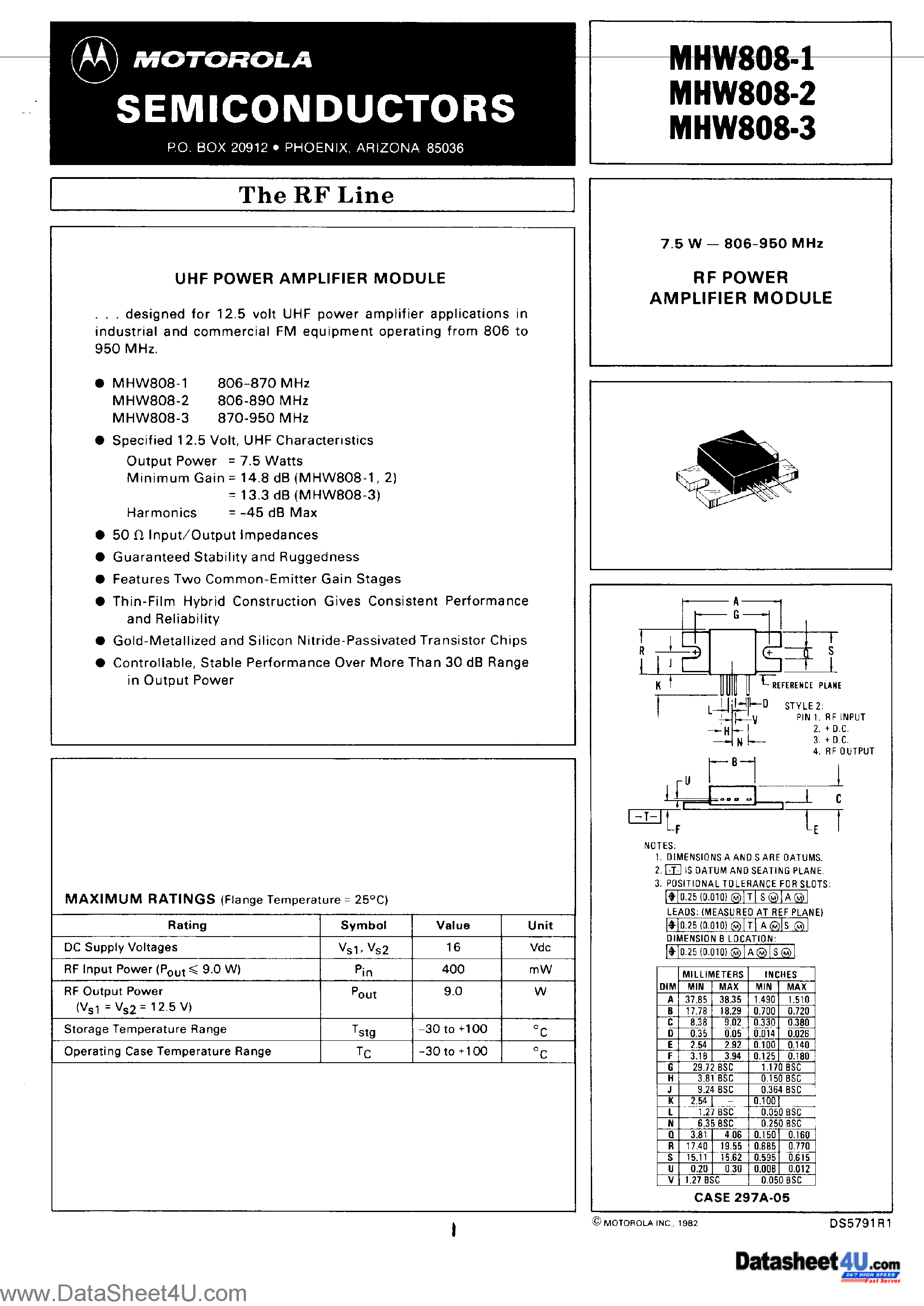 Даташит MHW808-1 - (MHW808-1-2-3) UHF Power Amplifier Module страница 1