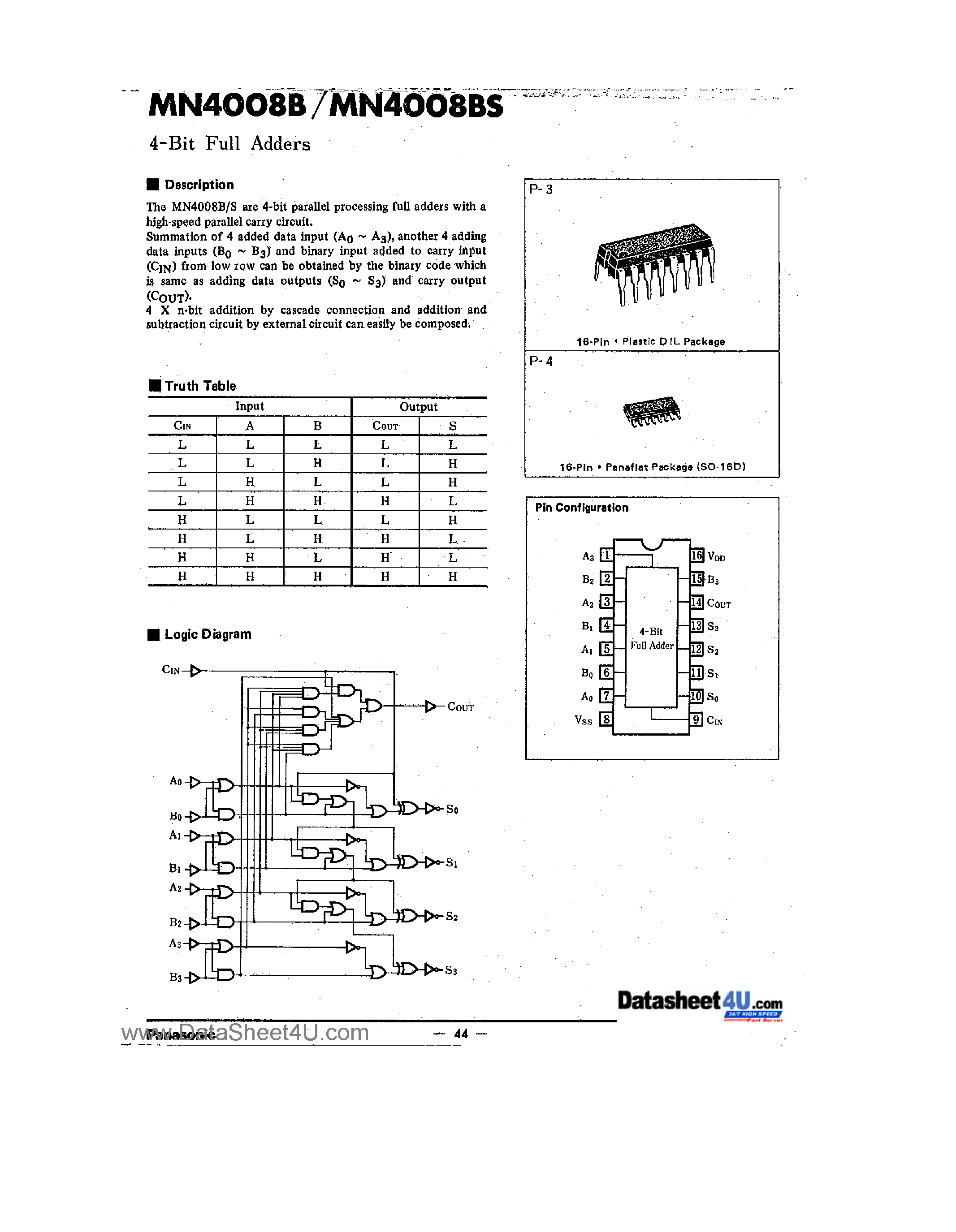 Даташит MN4008B - 4-Bit Full Adders страница 1