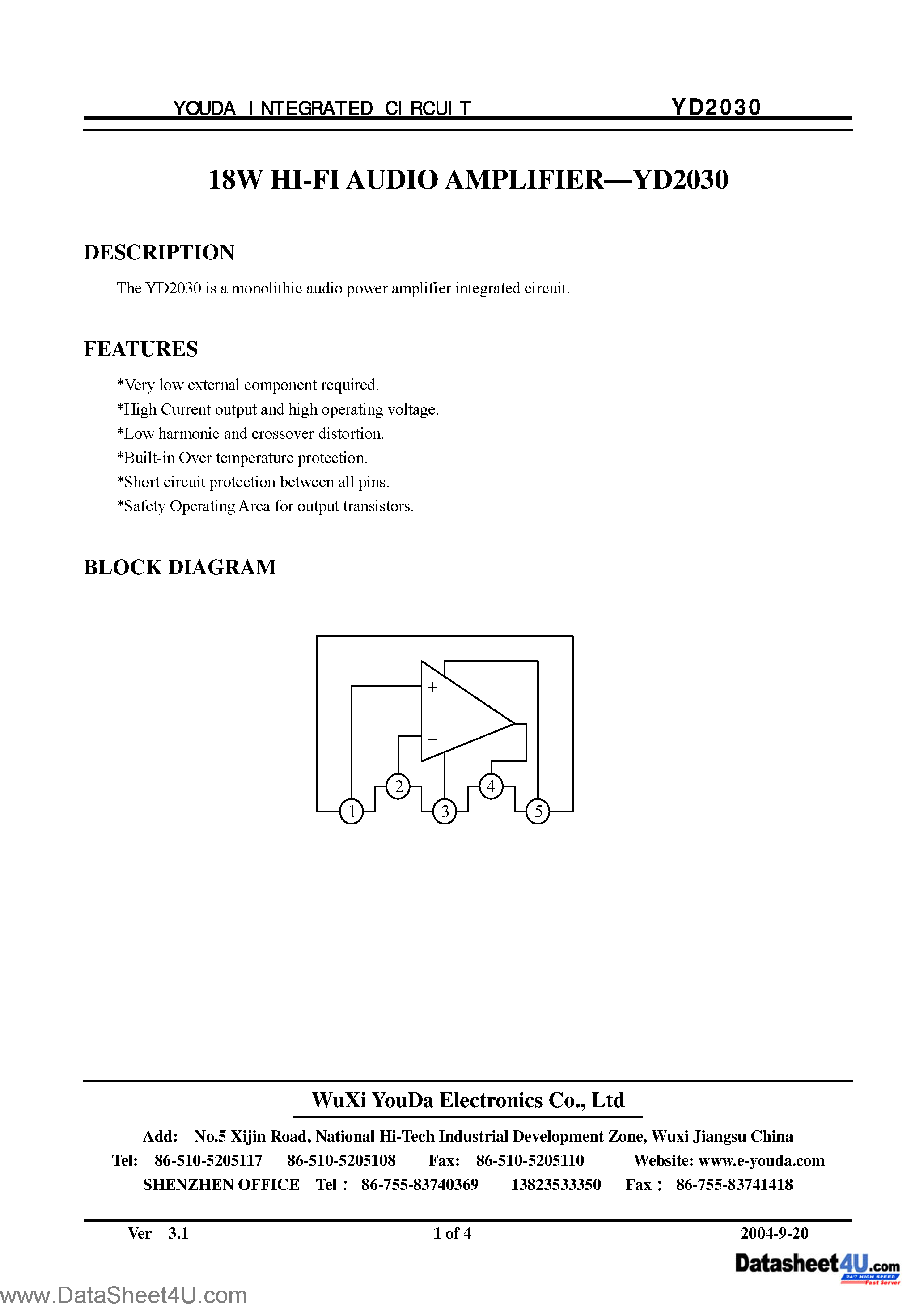 Даташит на микросхему YD2030 страница 1 Даташит YD2030 - 18W Hi-Fi Audio Amplifier страница 1
