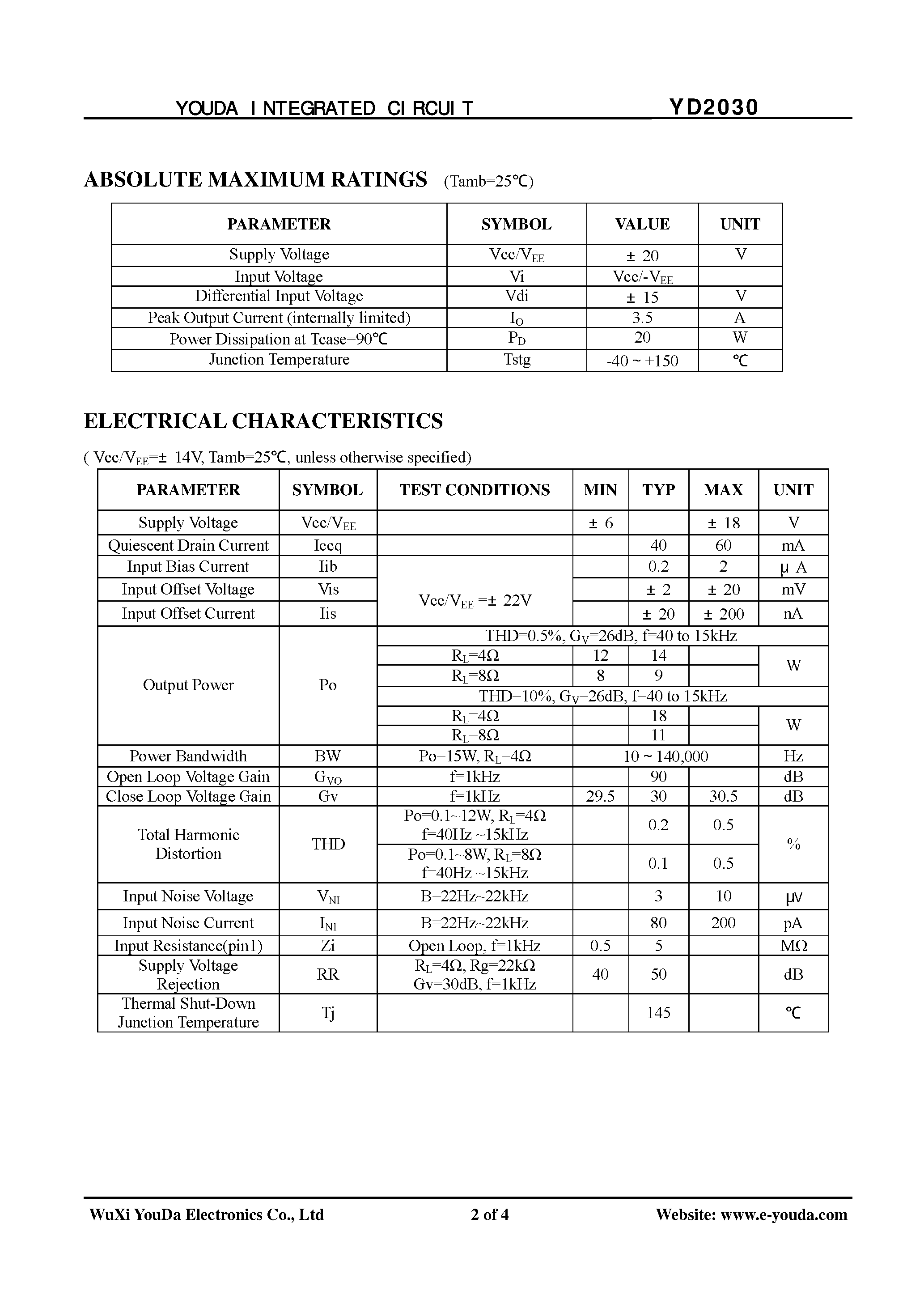 Даташит на микросхему YD2030 страница 2 Даташит YD2030 - 18W Hi-Fi Audio Amplifier страница 2
