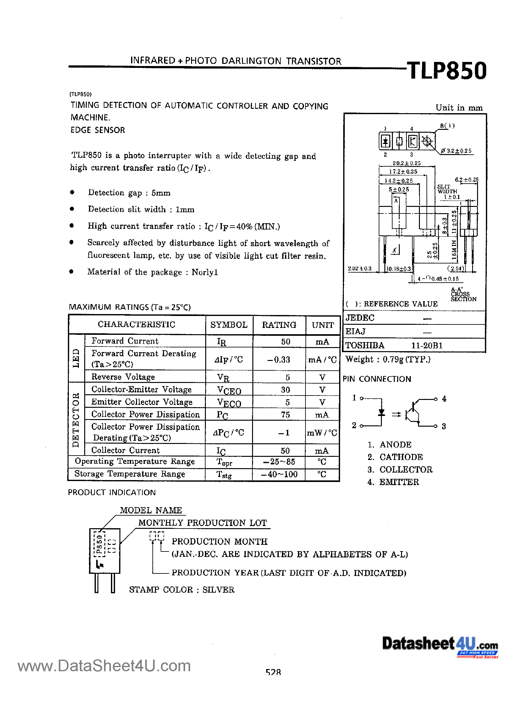 Даташит TLP850 - Infrared + Photo Darlington Transistor страница 1