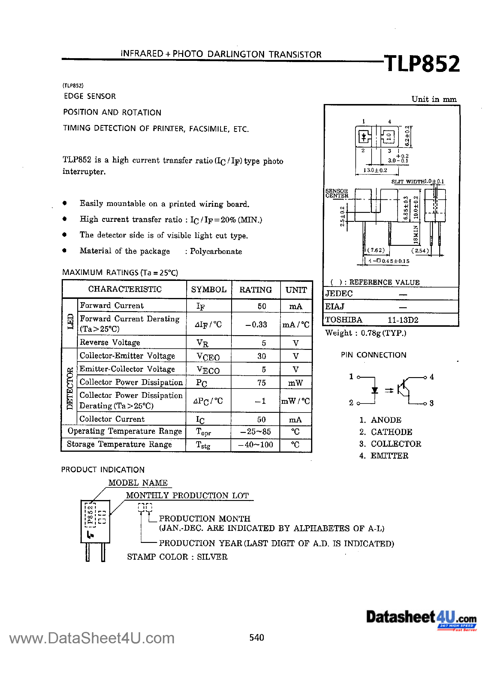 Даташит TLP852 - Infrared + Photo Darlington Transistor страница 1