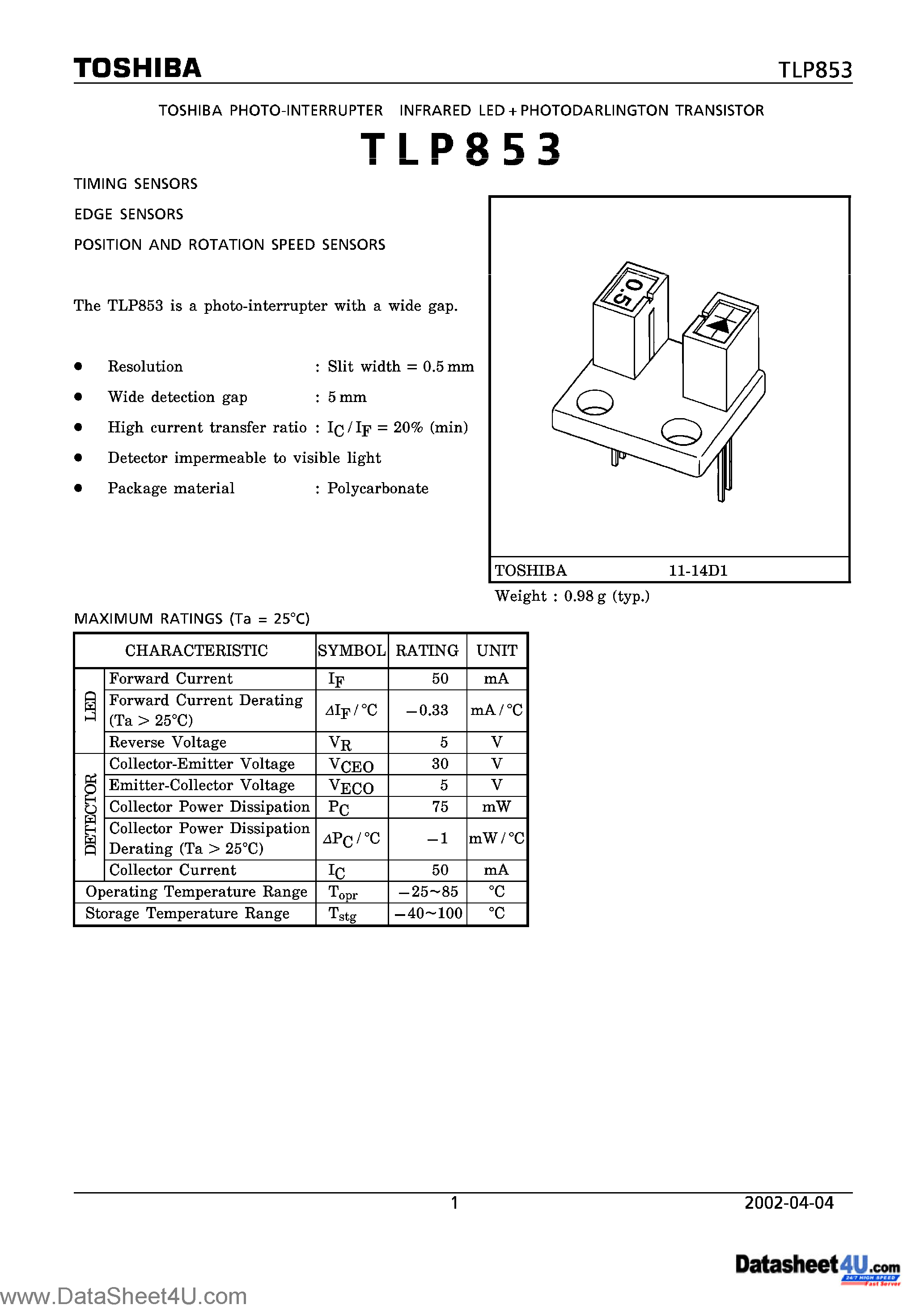 Даташит TLP853 - Infrared Led + Photo Darlington Transistor страница 1