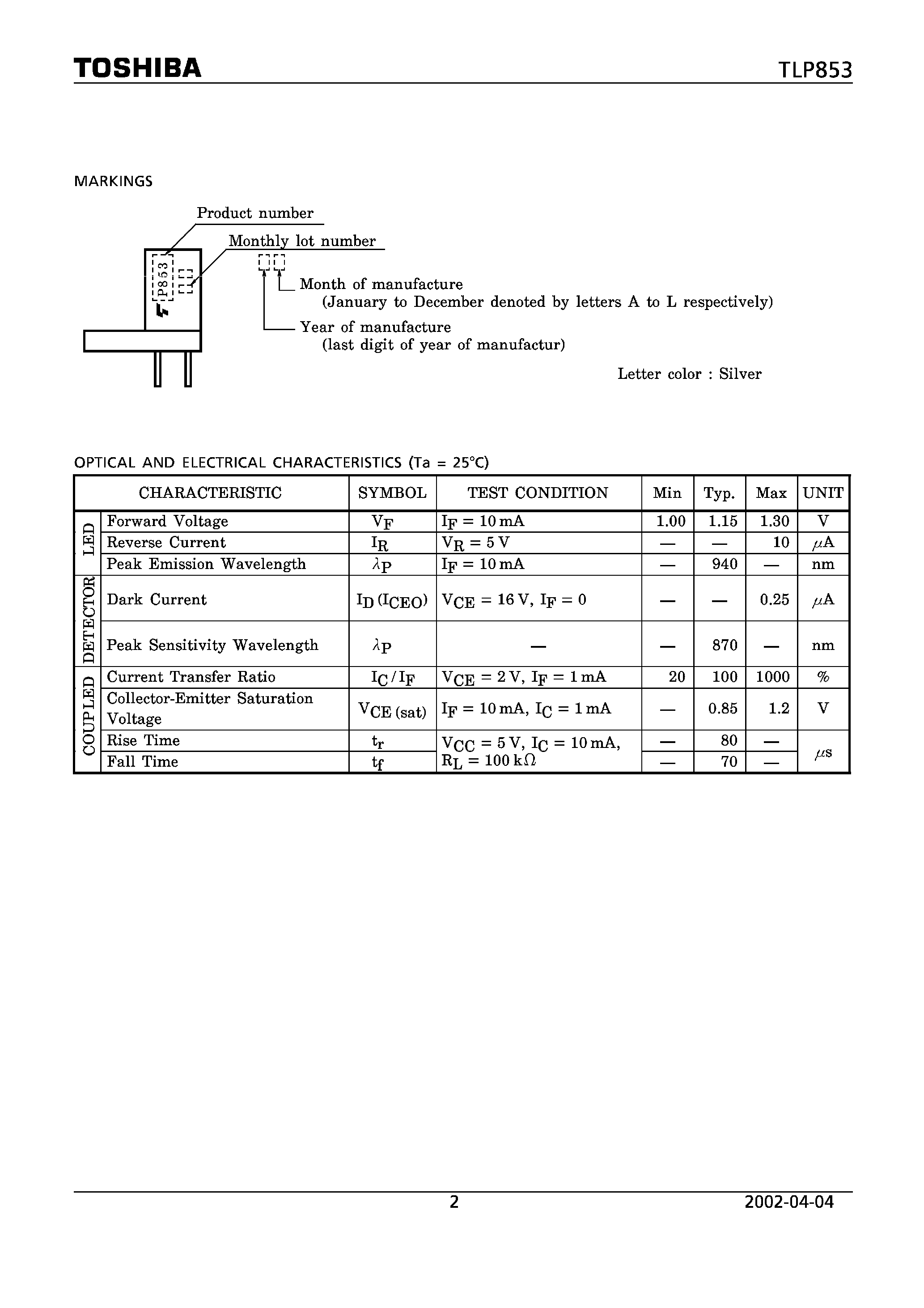 Даташит TLP853 - Infrared Led + Photo Darlington Transistor страница 2