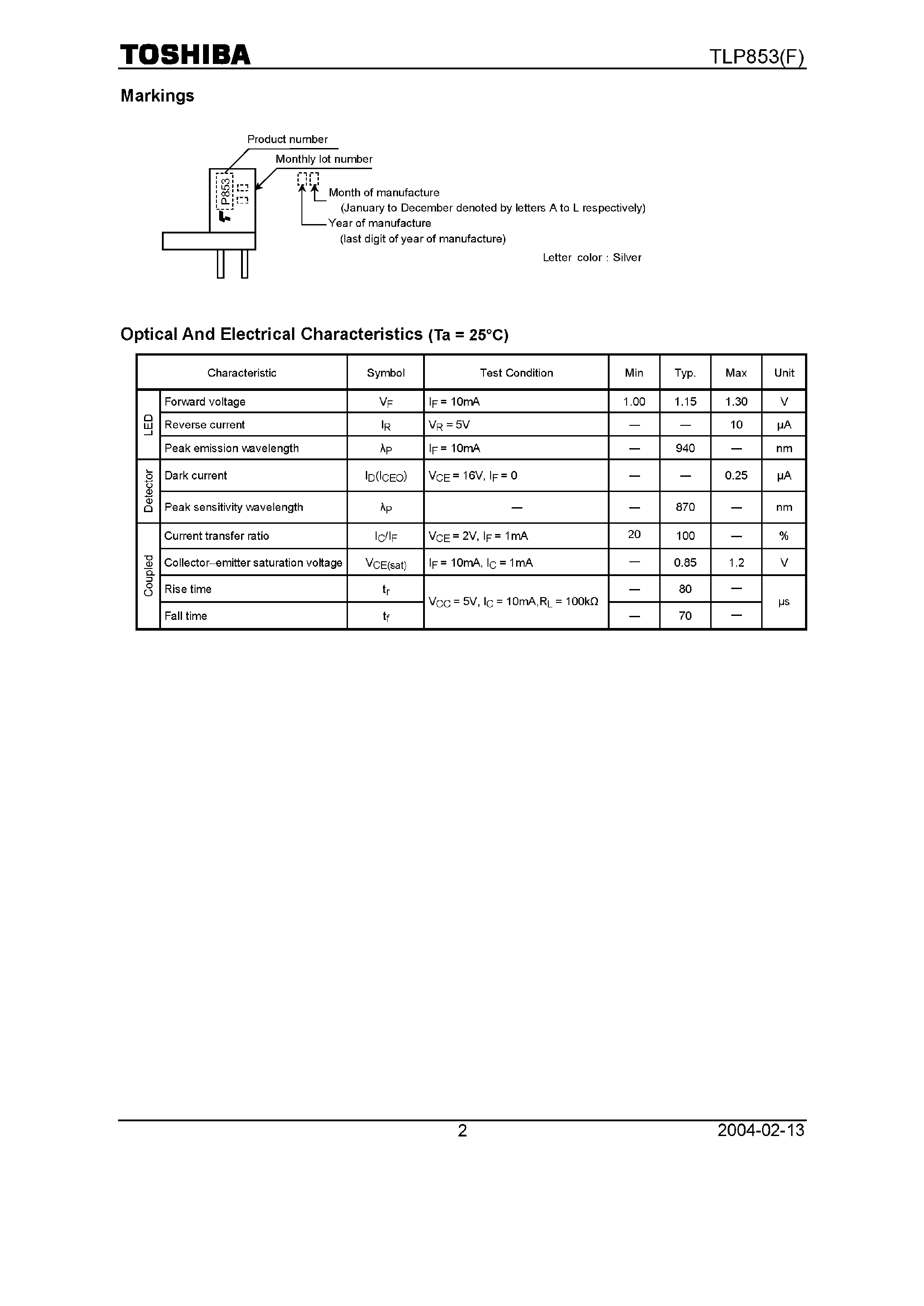 Даташит TLP853F - Infrared Led + Photo Darlington Transistor страница 2