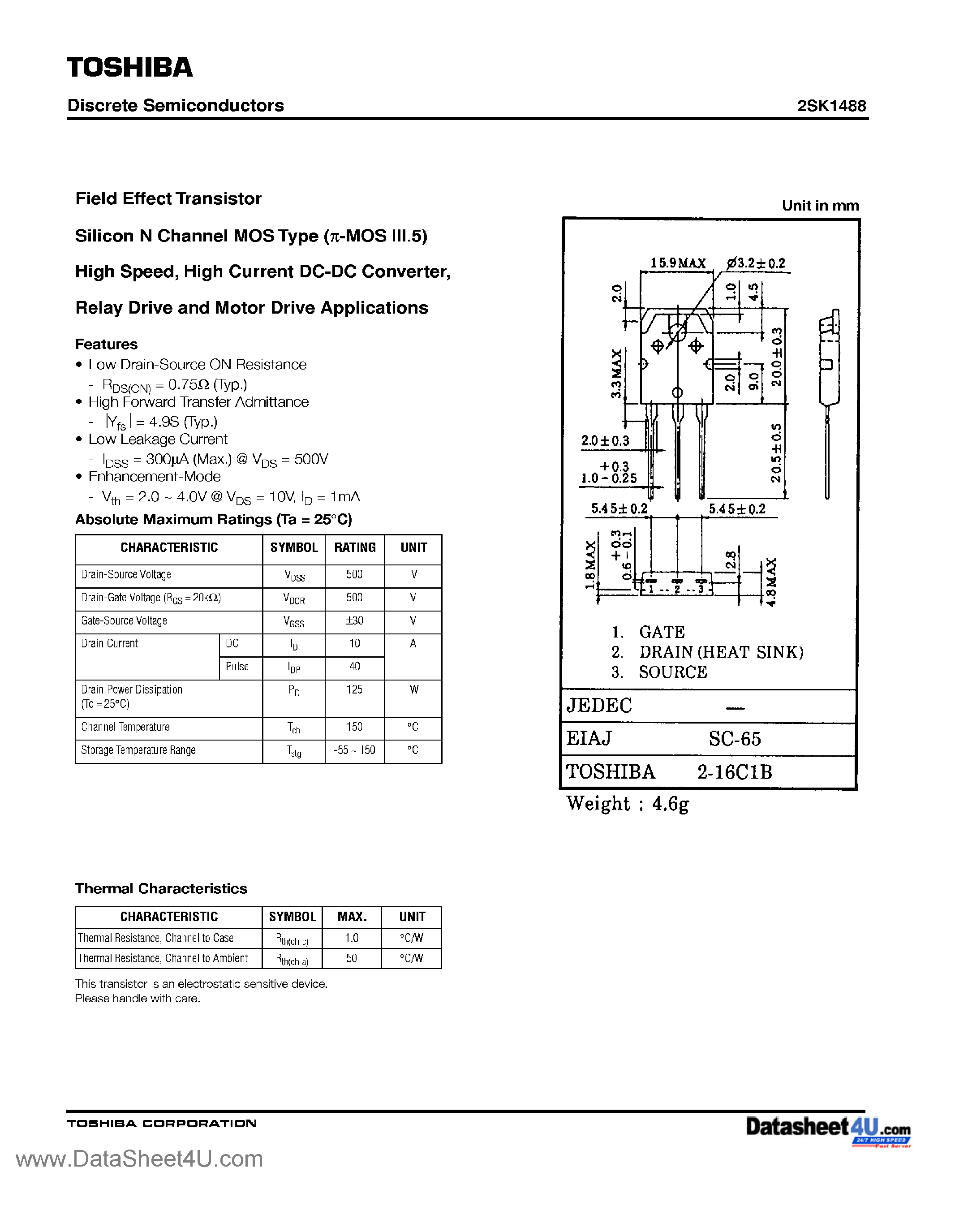 Datasheet 2SK1488 - Field Effect Transistor Silicon N Channel MOS Type page 1