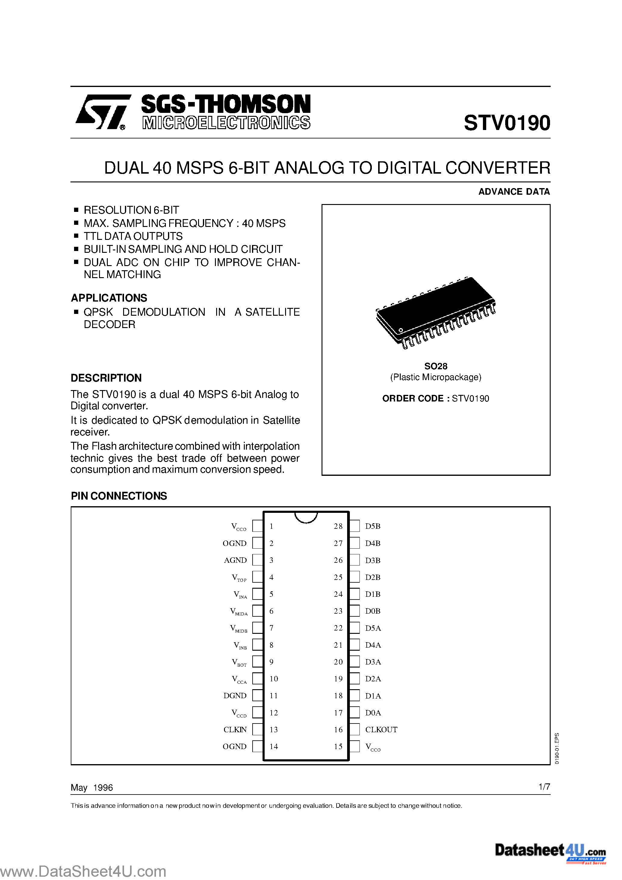 Даташит STV0190 - DUAL 40 MSPS 6-BIT ANALOG TO DIGITAL CONVERTER страница 1