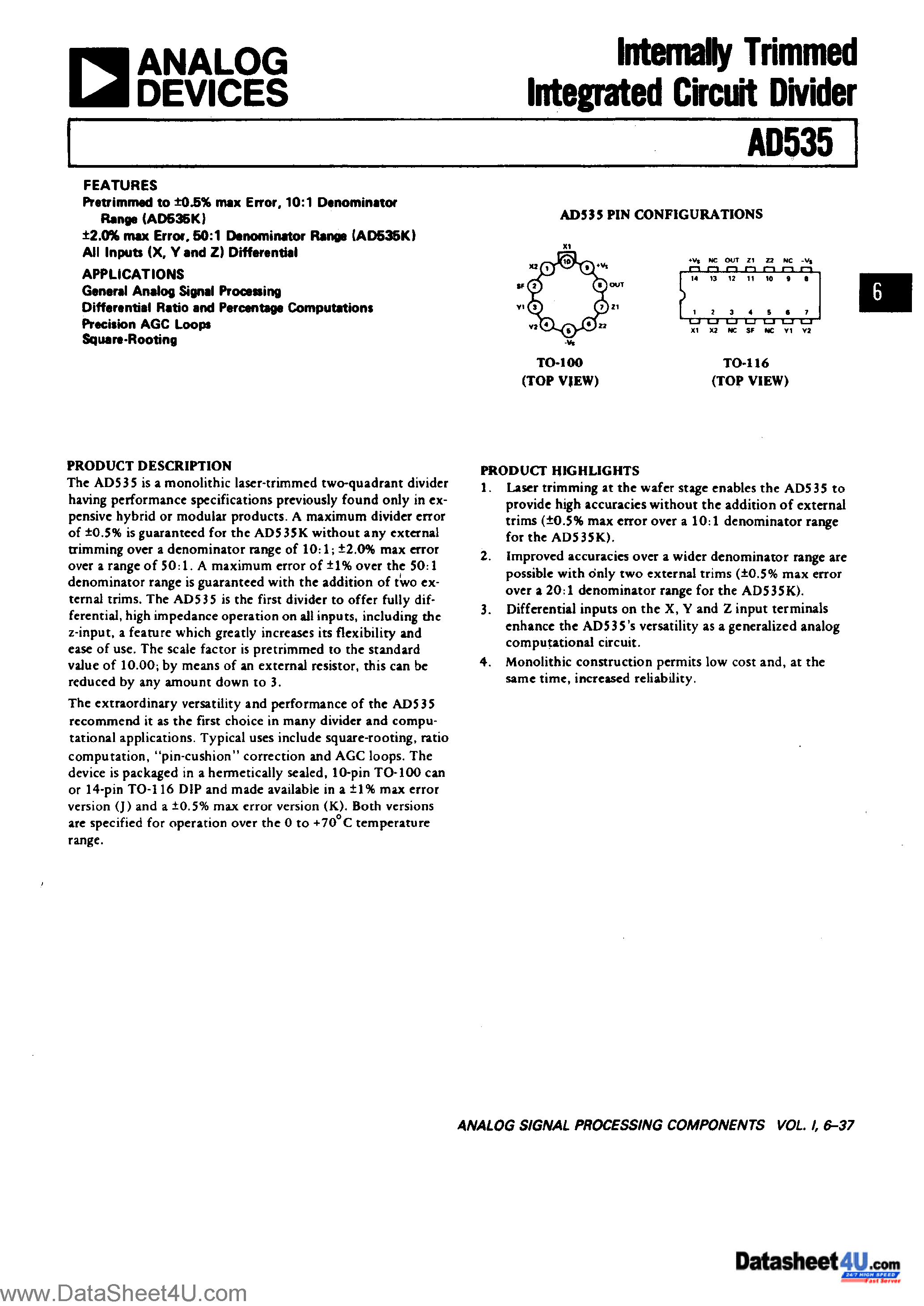 Datasheet AD535 - ANALOG DIVIDER page 1