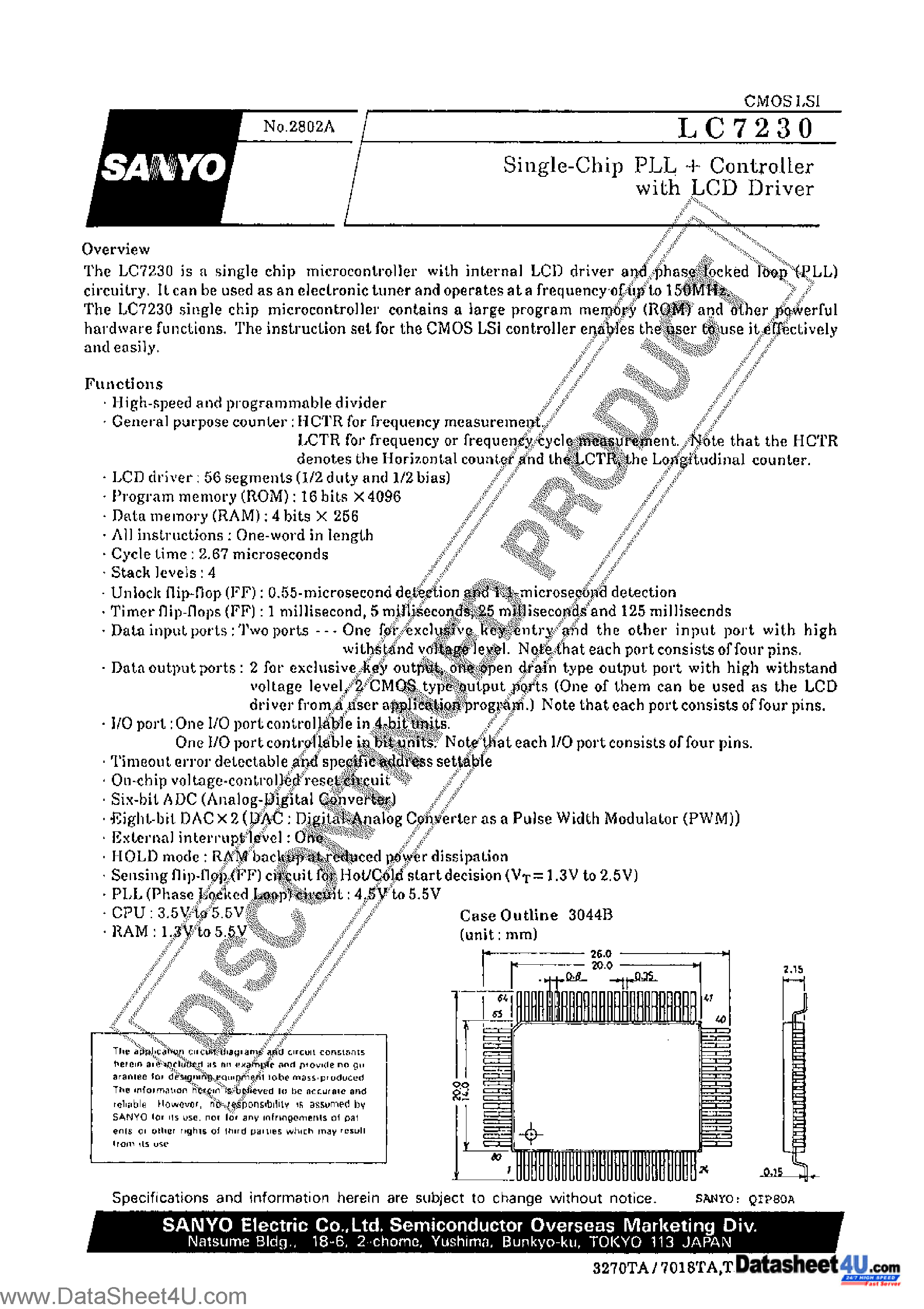 Datasheet LC7230 - Single Chip PLL + Controller page 1