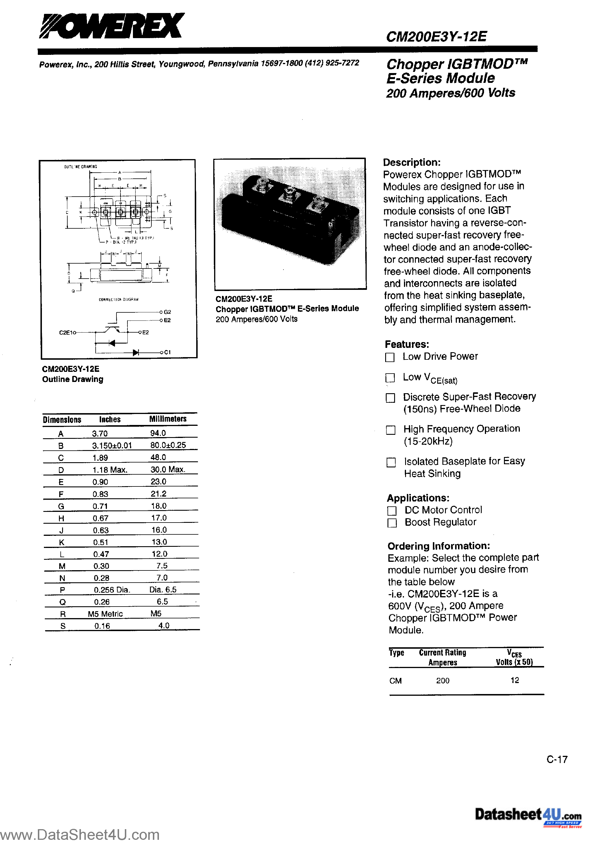 Datasheet CM200E3Y-12E - Chopper IGBTMOD E-Series Module page 1