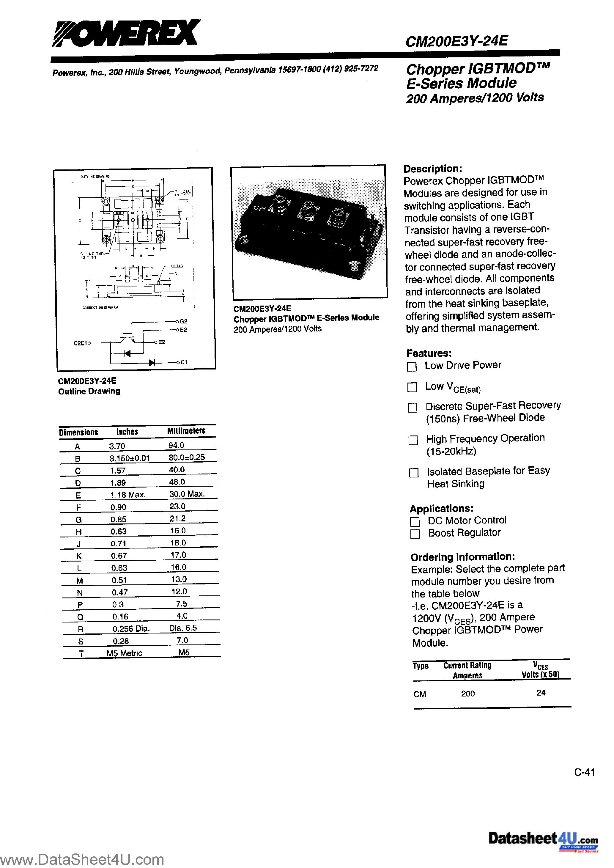 Datasheet CM200E3Y-24E - Chopper IGBTMOD E-Series Module page 1