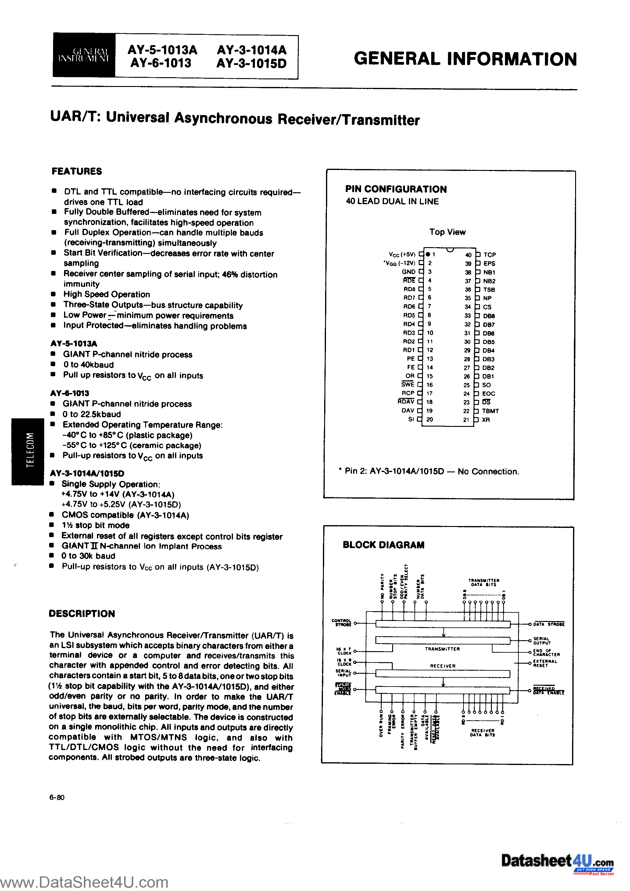 Datasheet AY-3-1013A - (AY-x) UNIVERSAL ASYNCHRONOUS RECEIVER / TRANSMITTER page 1