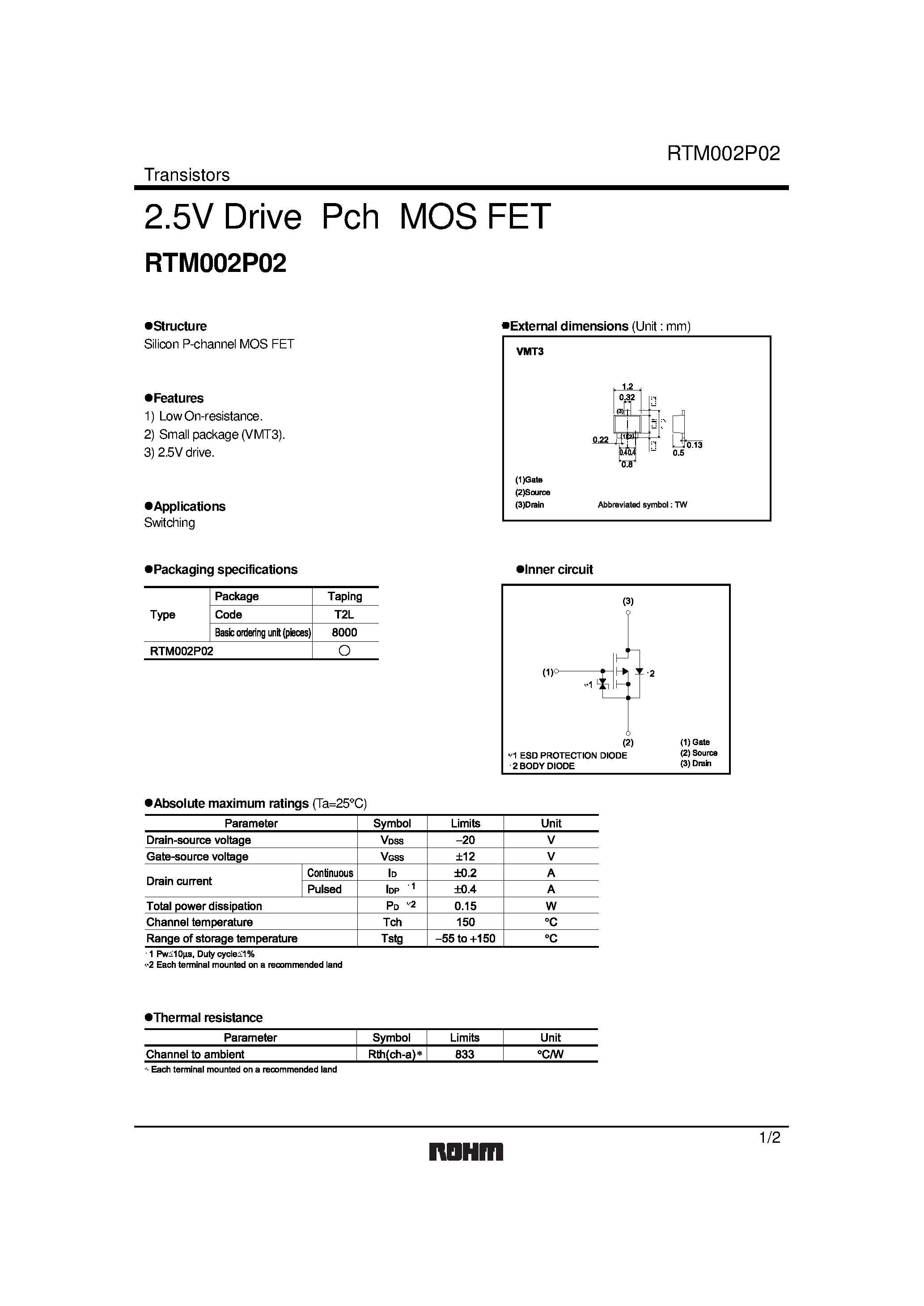 Даташит RTM002P02 - 2.5V Drive Pch MOS FET страница 1