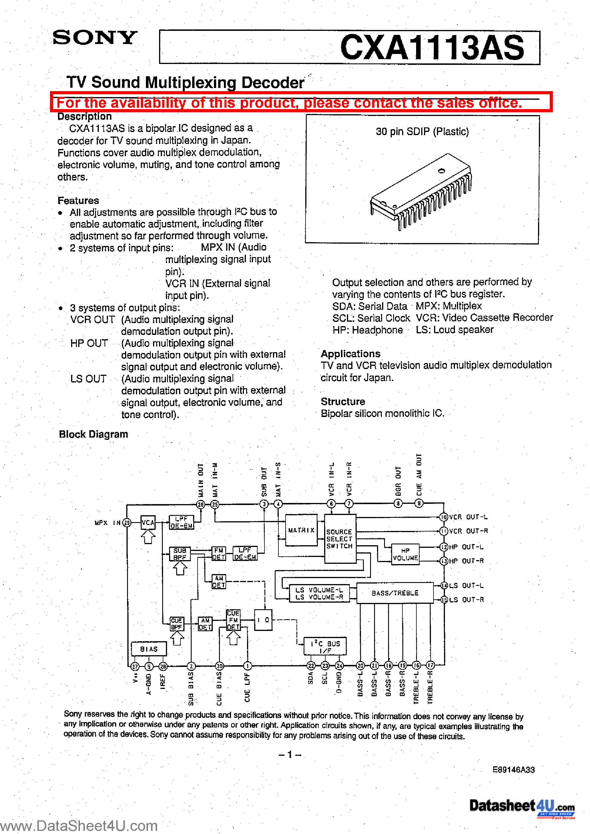 Даташит CXA1113AS - TV Sound Multiplexing Decoder страница 1