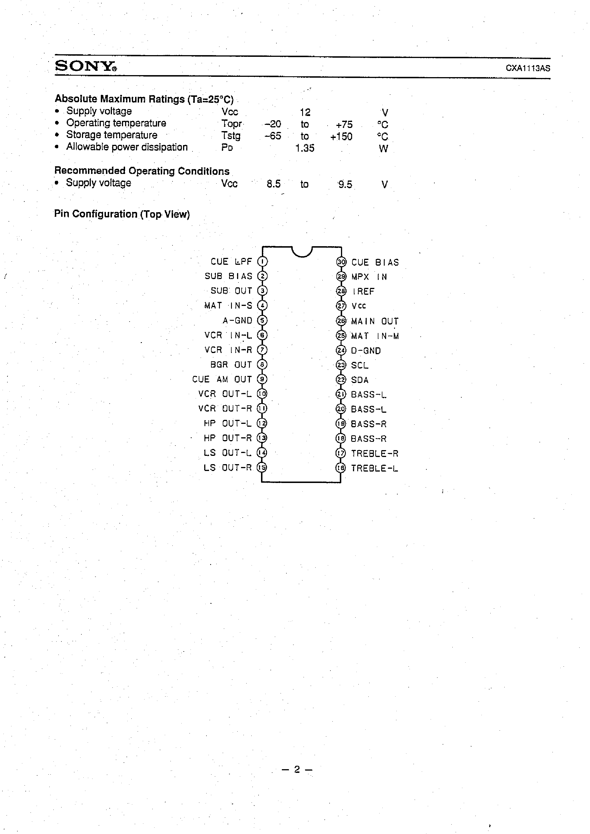 Даташит CXA1113AS - TV Sound Multiplexing Decoder страница 2