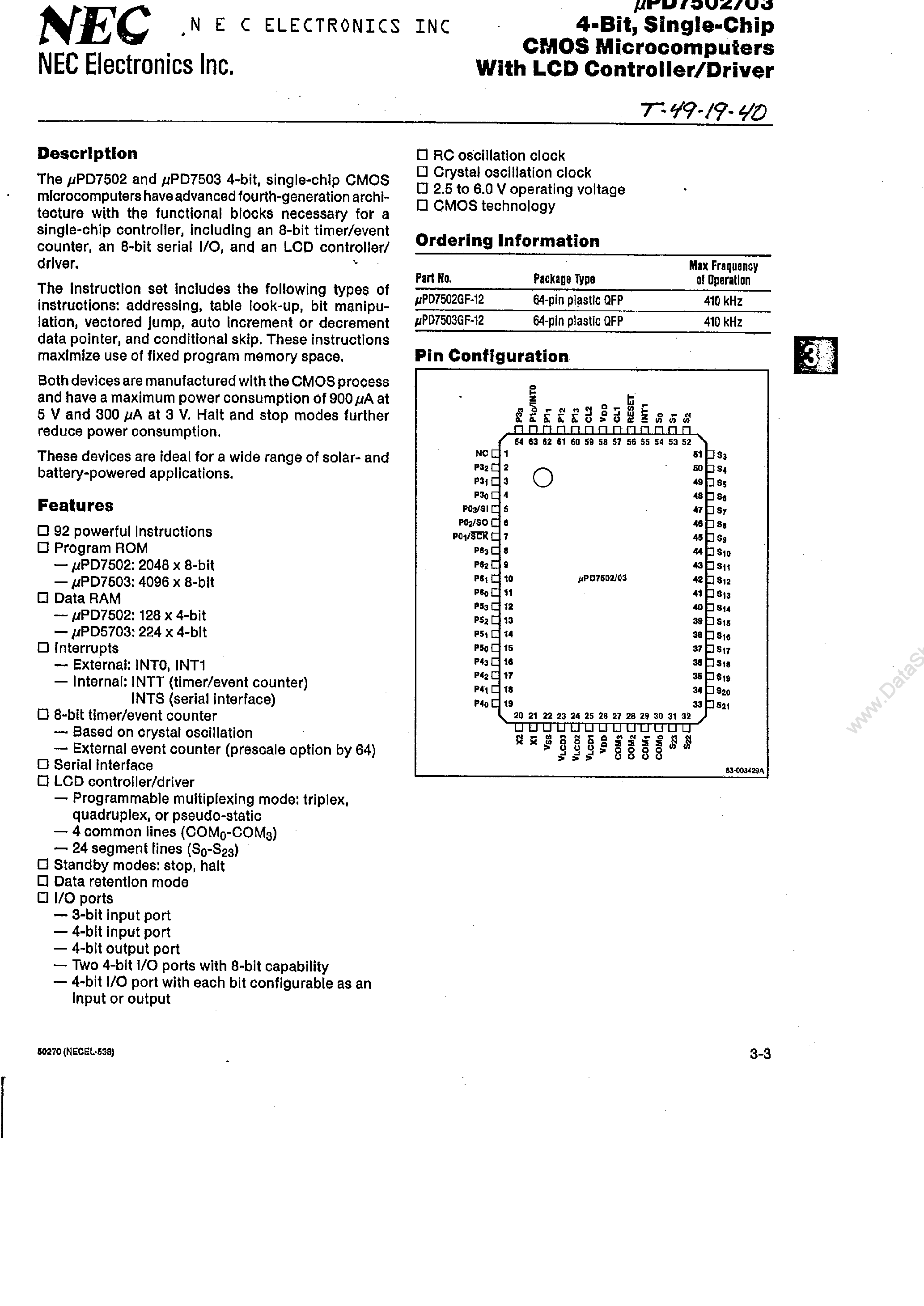 Datasheet UPD7502 - (UPD7502 / UPD7503) 4-Bit CMOS Microcomputers page 1