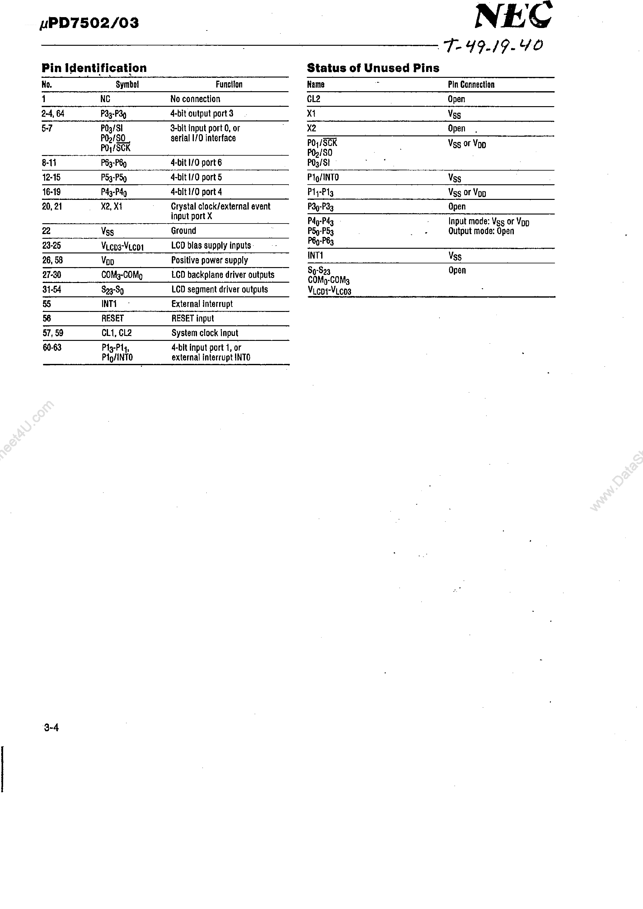 Datasheet UPD7502 - (UPD7502 / UPD7503) 4-Bit CMOS Microcomputers page 2