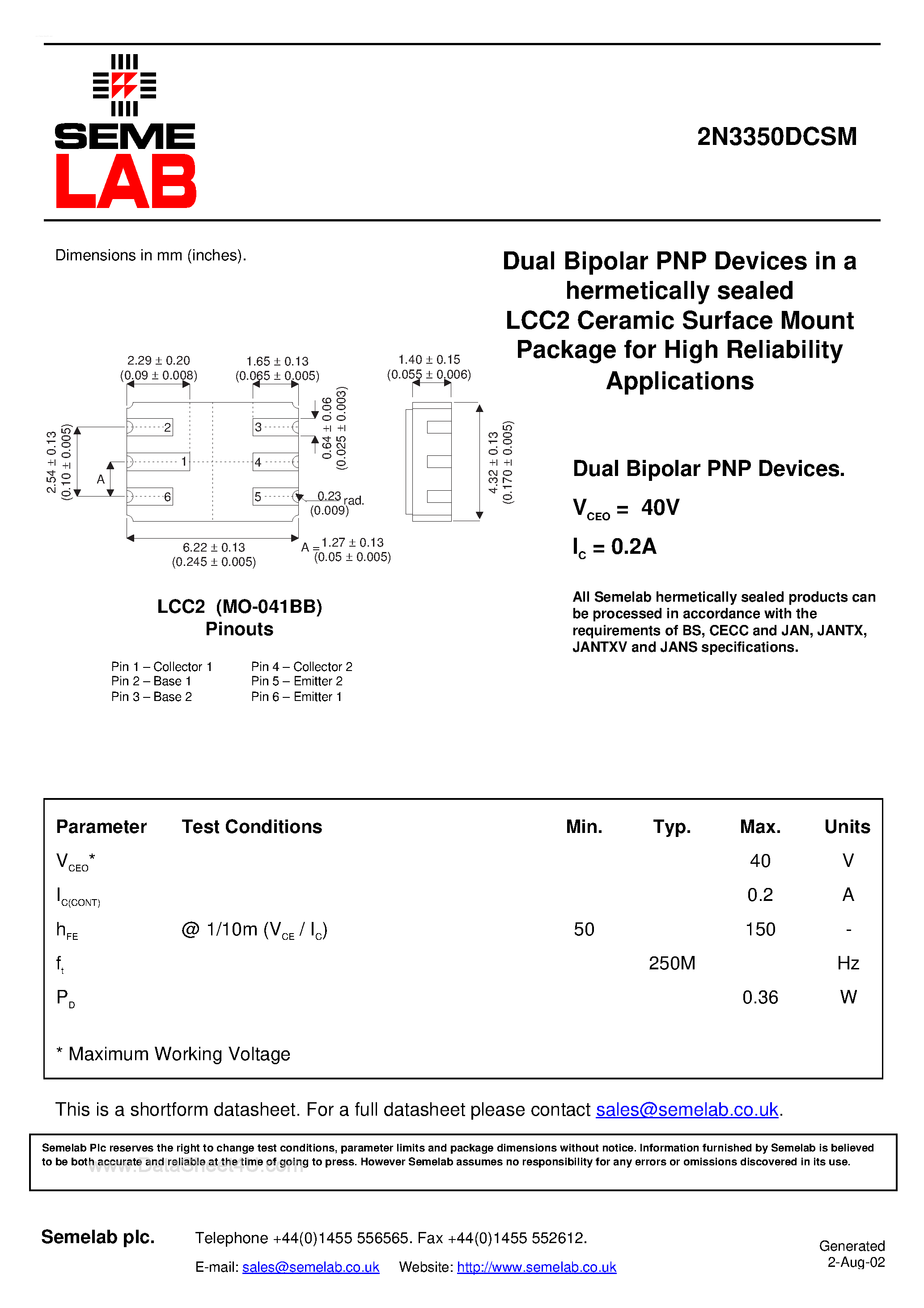 Даташит 2N3350DCSM - Dual Bipolar PNP Devices страница 1