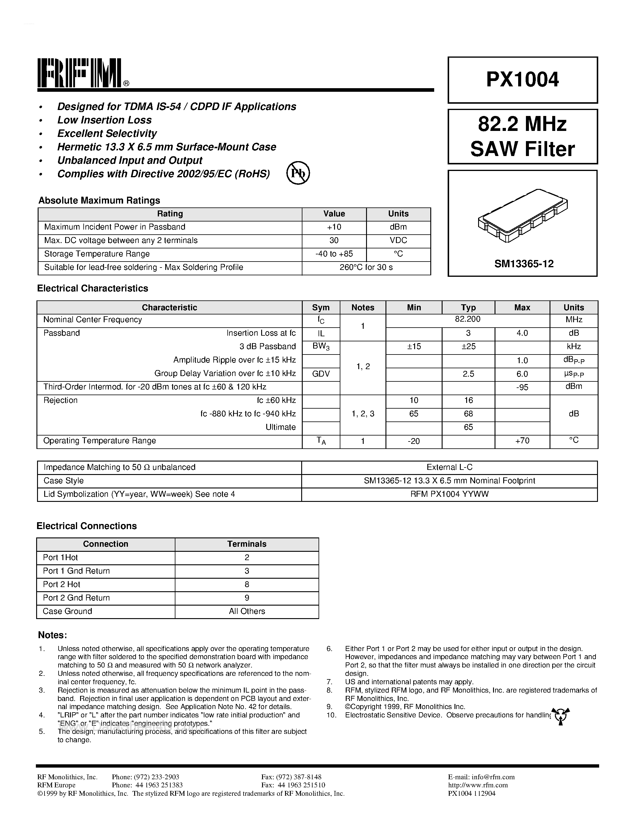 Даташит PX1004 - 82.2 MHz SAW Filter страница 1