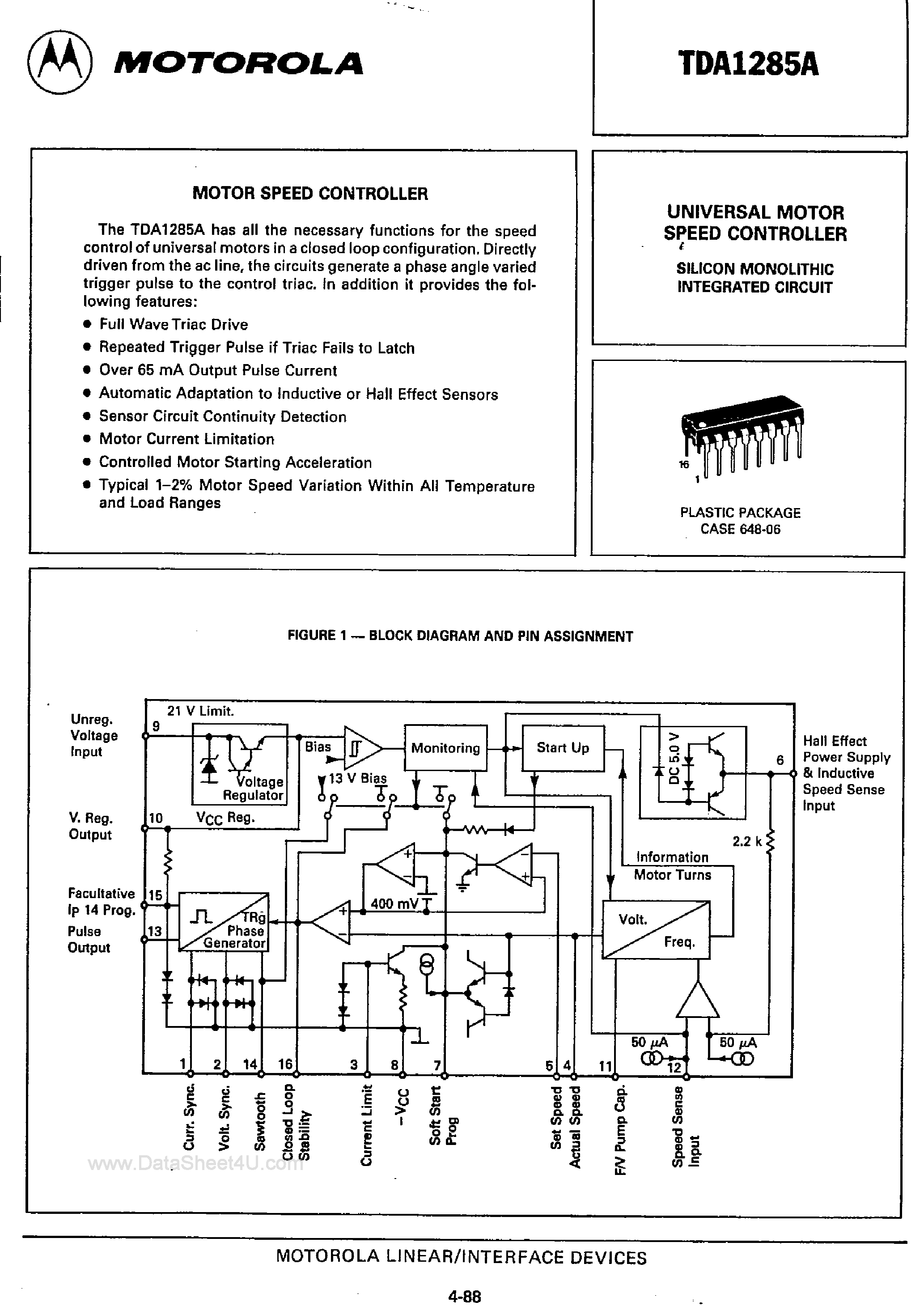 Datasheet TDA1285A - Motor Speed Controller page 1